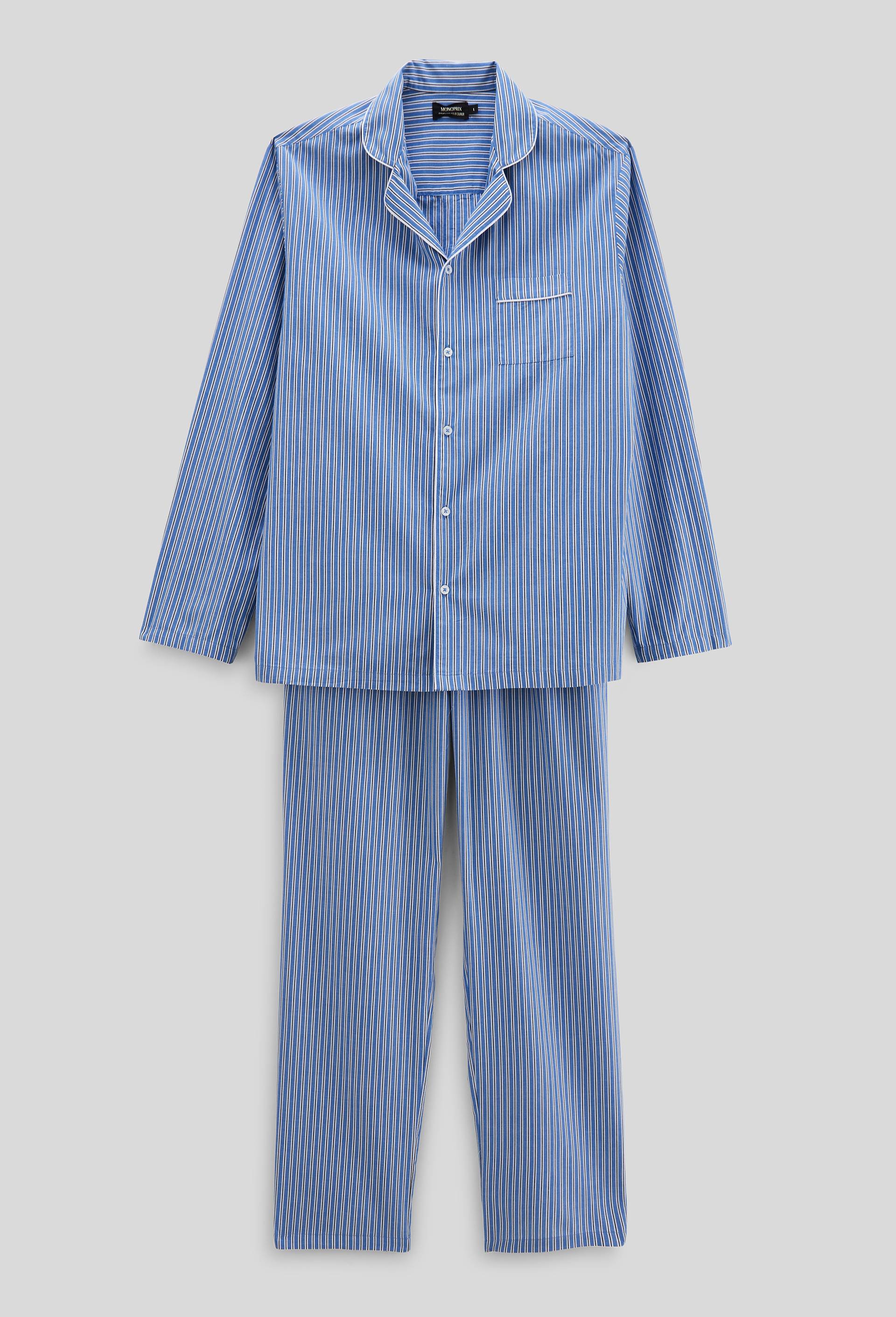 Pyjama chemise manches longues ray&eacute; et Pantalon ray&eacute; en coton BIO GOTS, Bleu fonc&eacute;, large image number 3