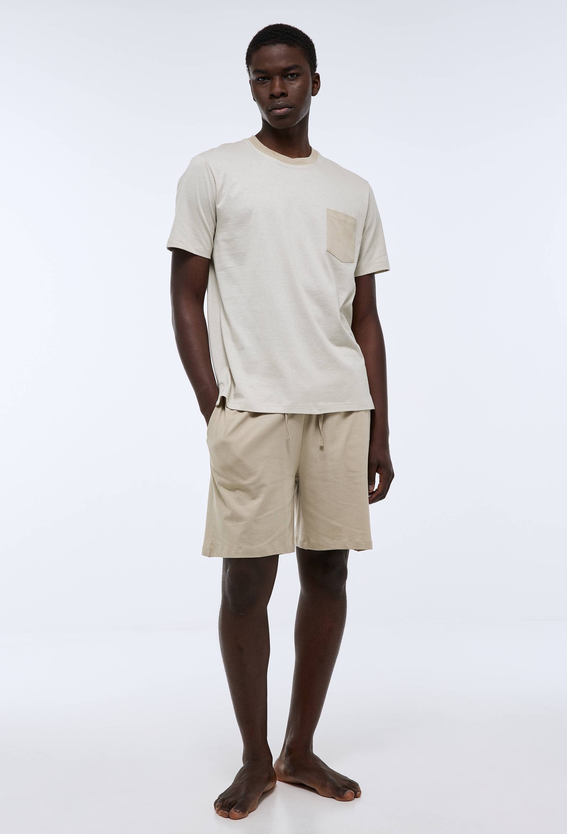 Pyjama T-shirt manches courtes ray&eacute; et Short en jersey de coton BIO GOTS, Beige, large image number 0