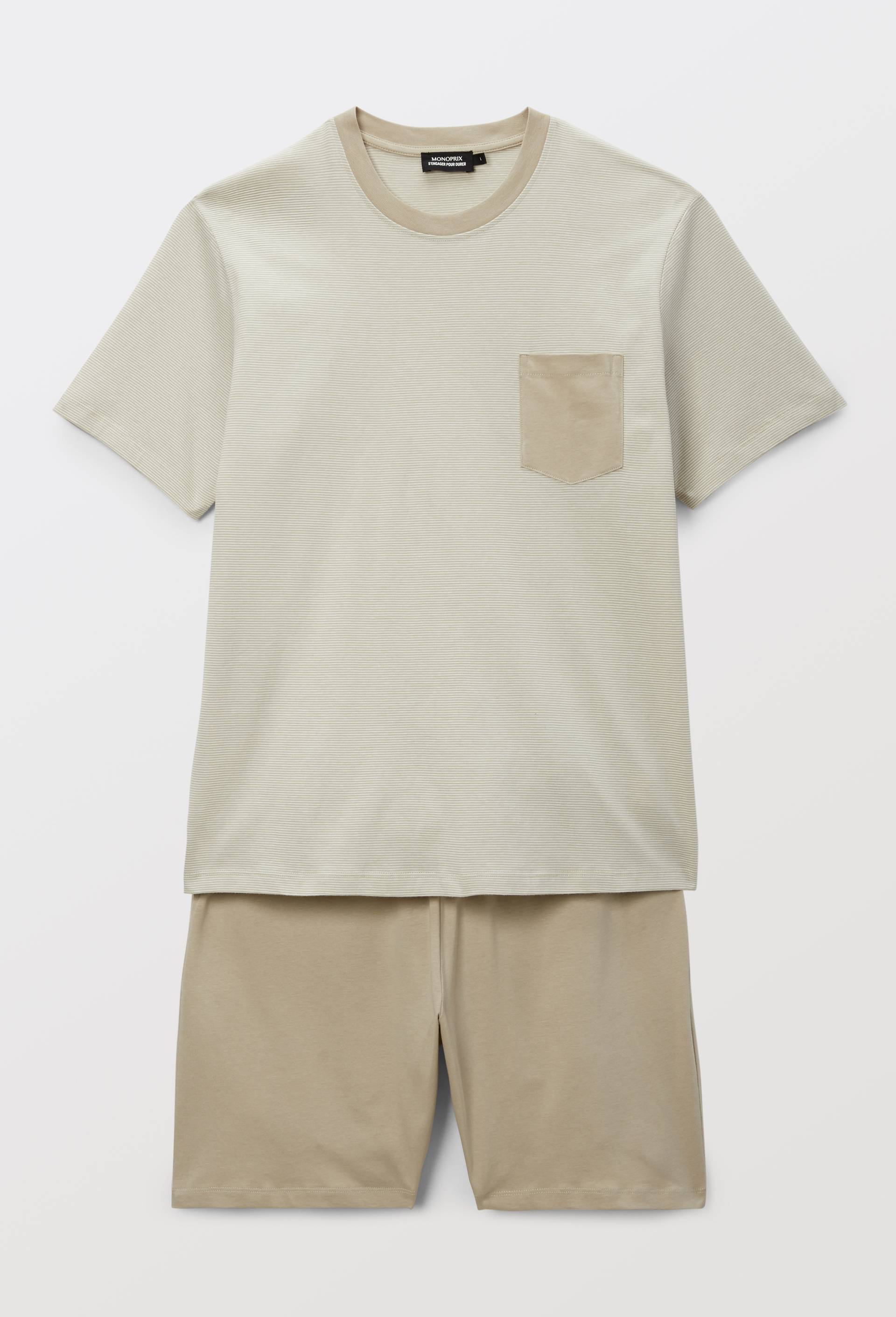 Pyjama T-shirt manches courtes ray&eacute; et Short en jersey de coton BIO GOTS, Beige, large image number 2.0