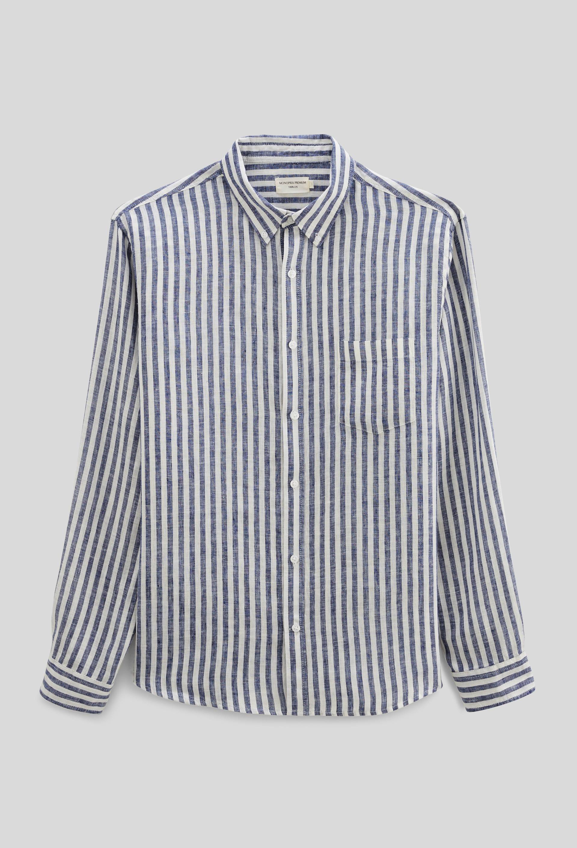 Chemise ray&eacute;e en lin, Bleu fonc&eacute;, large image number 2