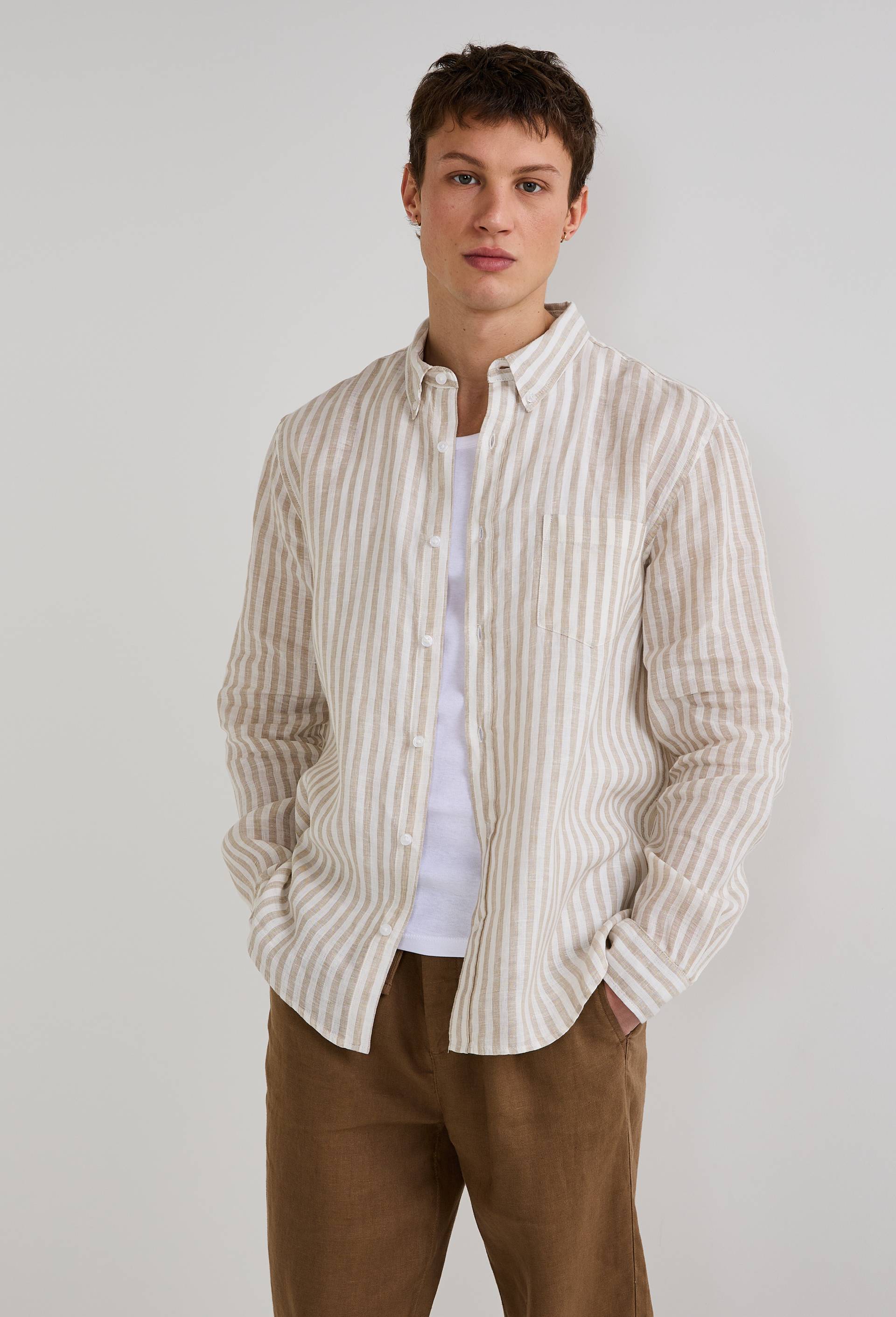 Chemise ray&eacute;e en lin, Beige clair, large image number 0