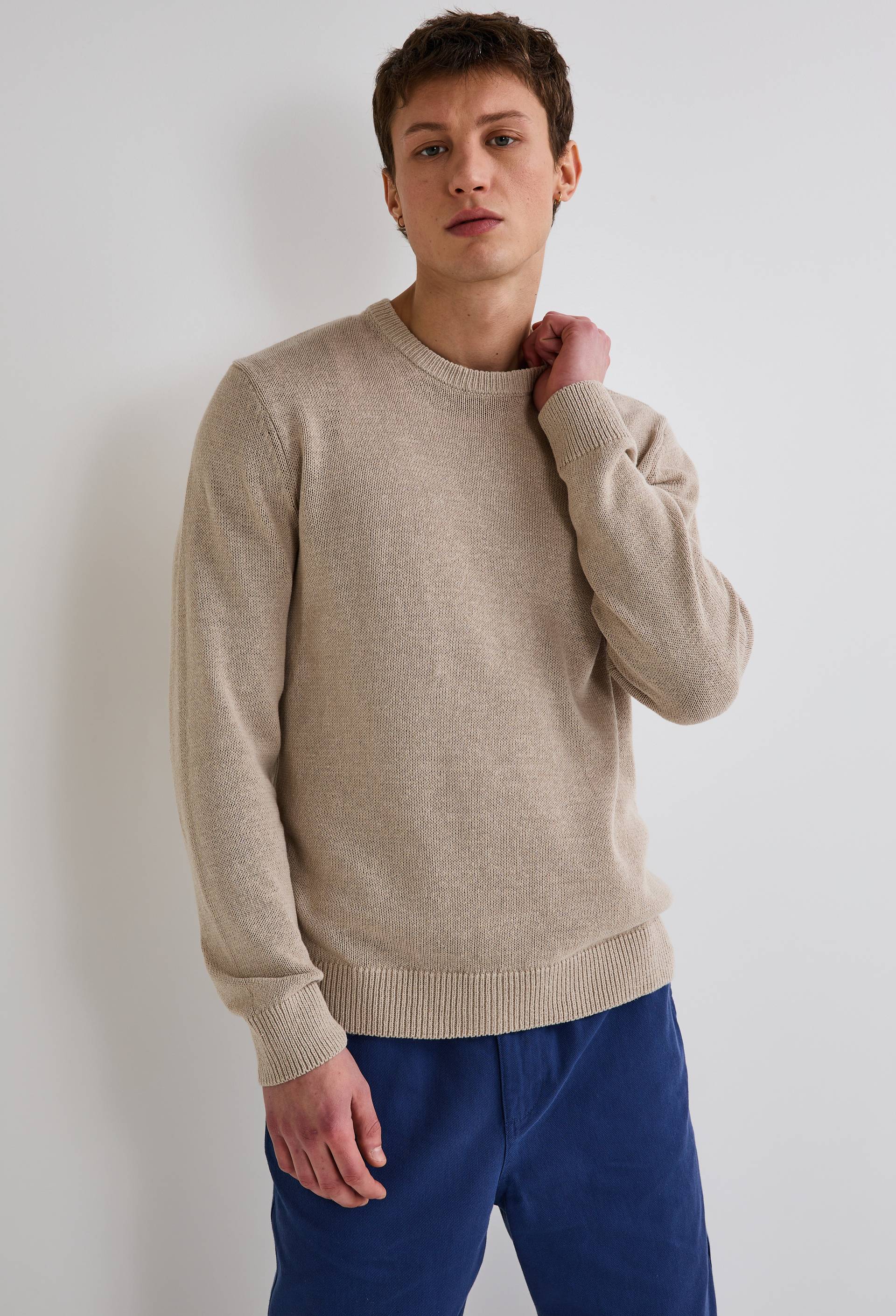 Pull col rond en m&eacute;lange lin et coton, Beige clair, large image number 0