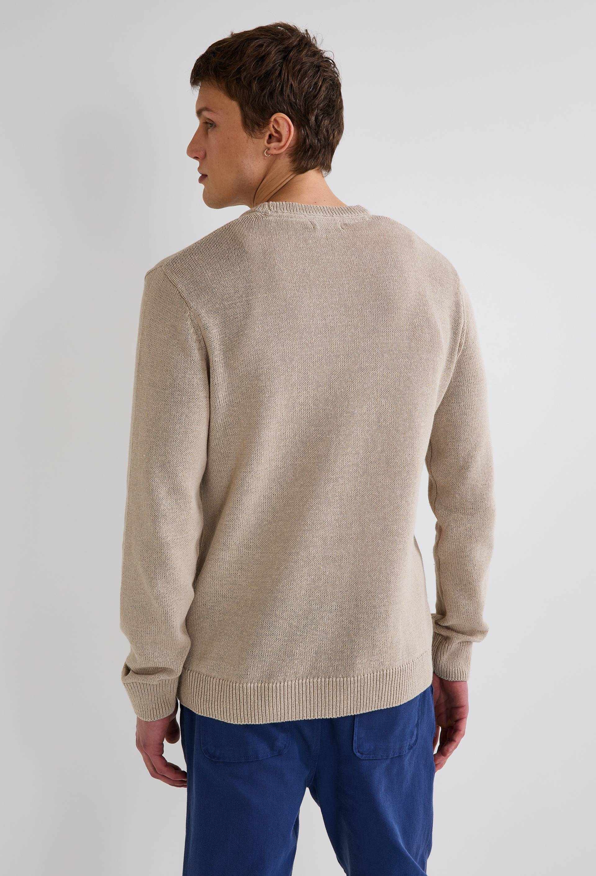 Pull col rond en m&eacute;lange lin et coton, Beige clair, large image number 1