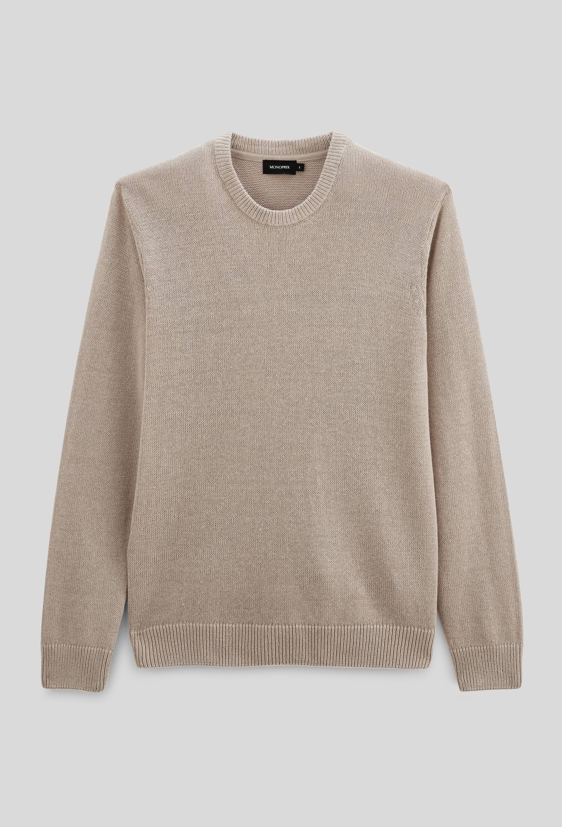Pull col rond en m&eacute;lange lin et coton, Beige clair, large image number 2