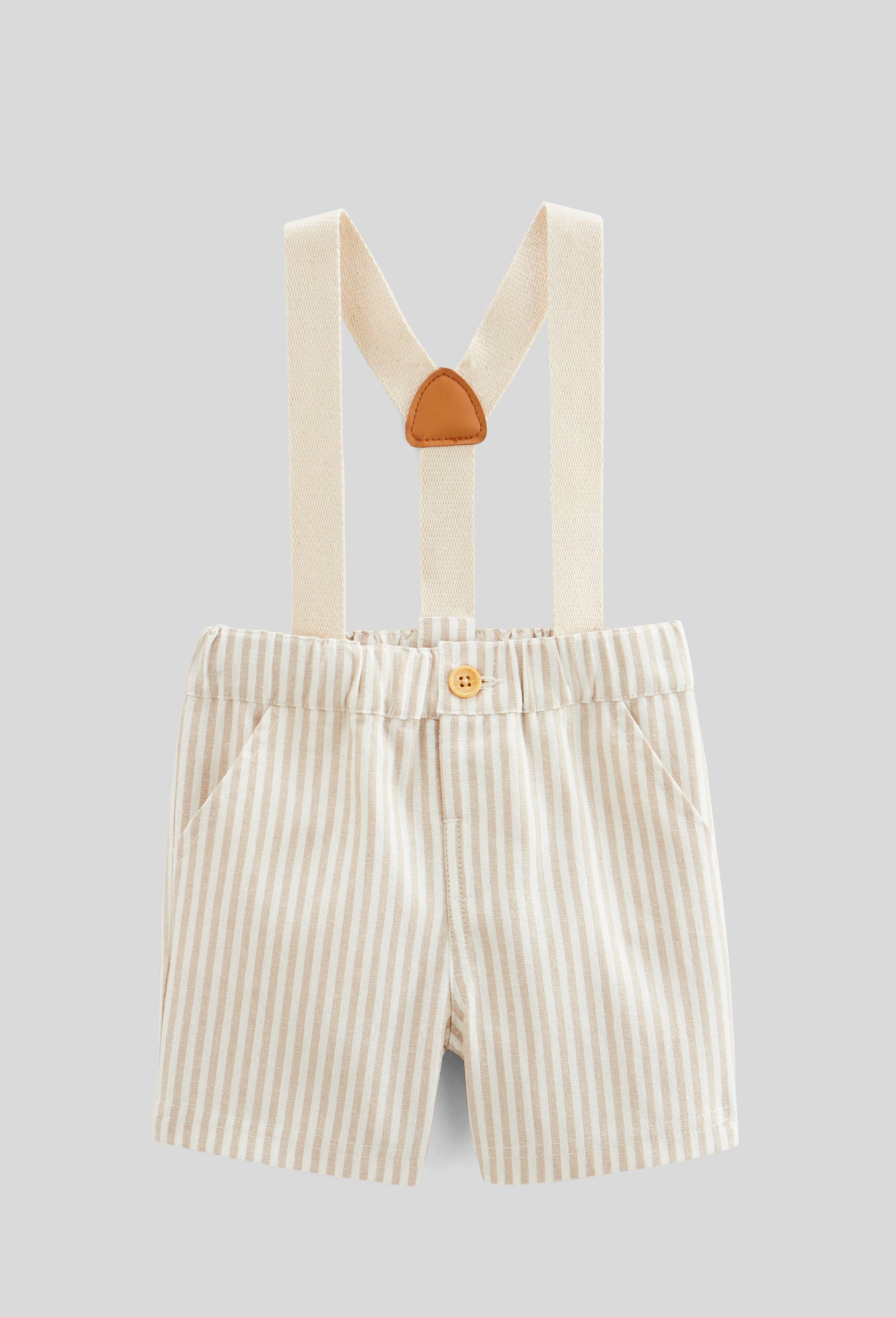 Short rayé avec bretelles amovibles contenant du lin et du coton BIO, Beige, large image number 0