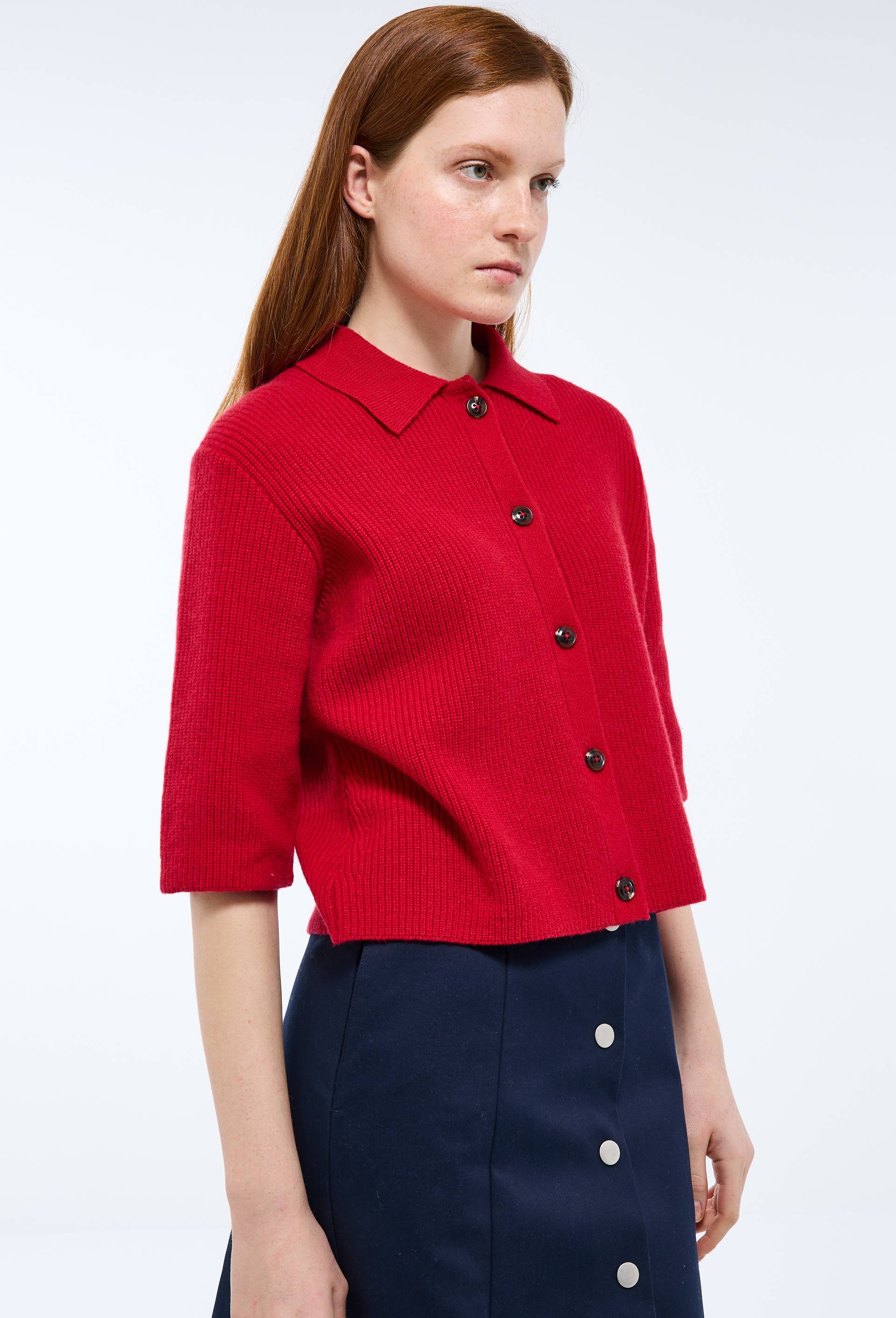 Cardigan col polo., Rouge, swatch image