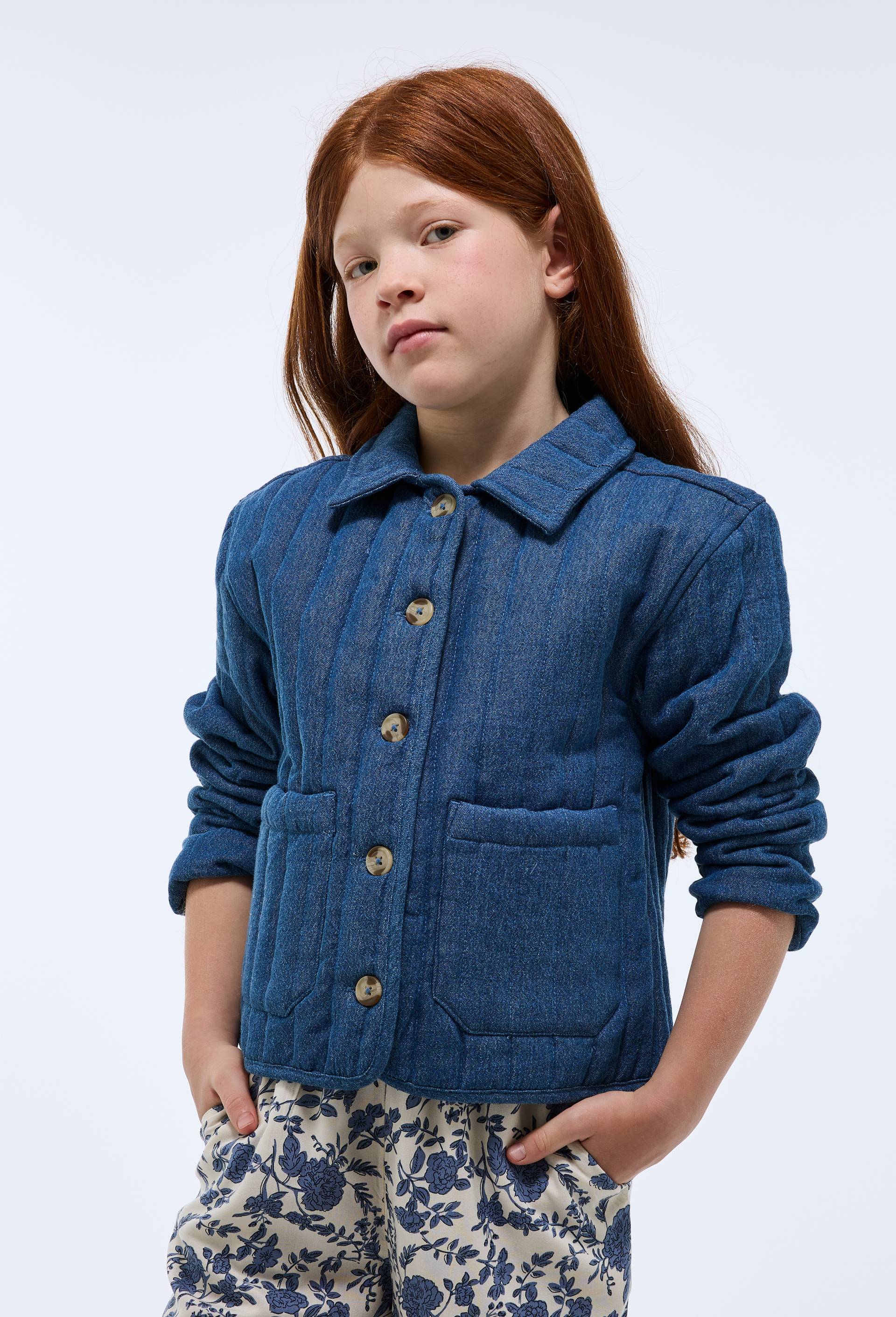 Veste matelass&eacute;e en coton chambray &agrave; doublure imprim&eacute;e, Bleu, large image number 0