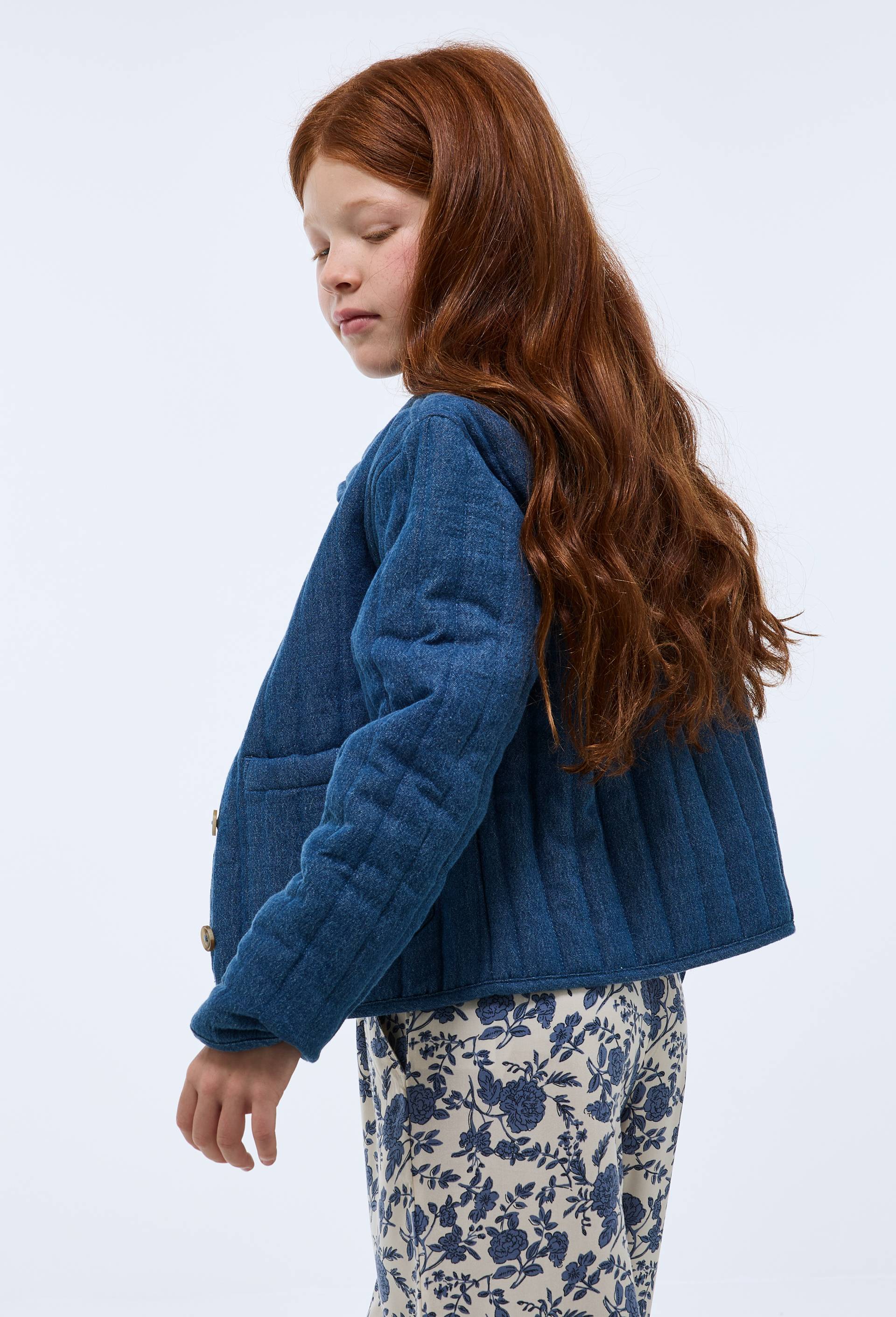 Veste matelass&eacute;e en coton chambray &agrave; doublure imprim&eacute;e, Bleu, large image number 1.0