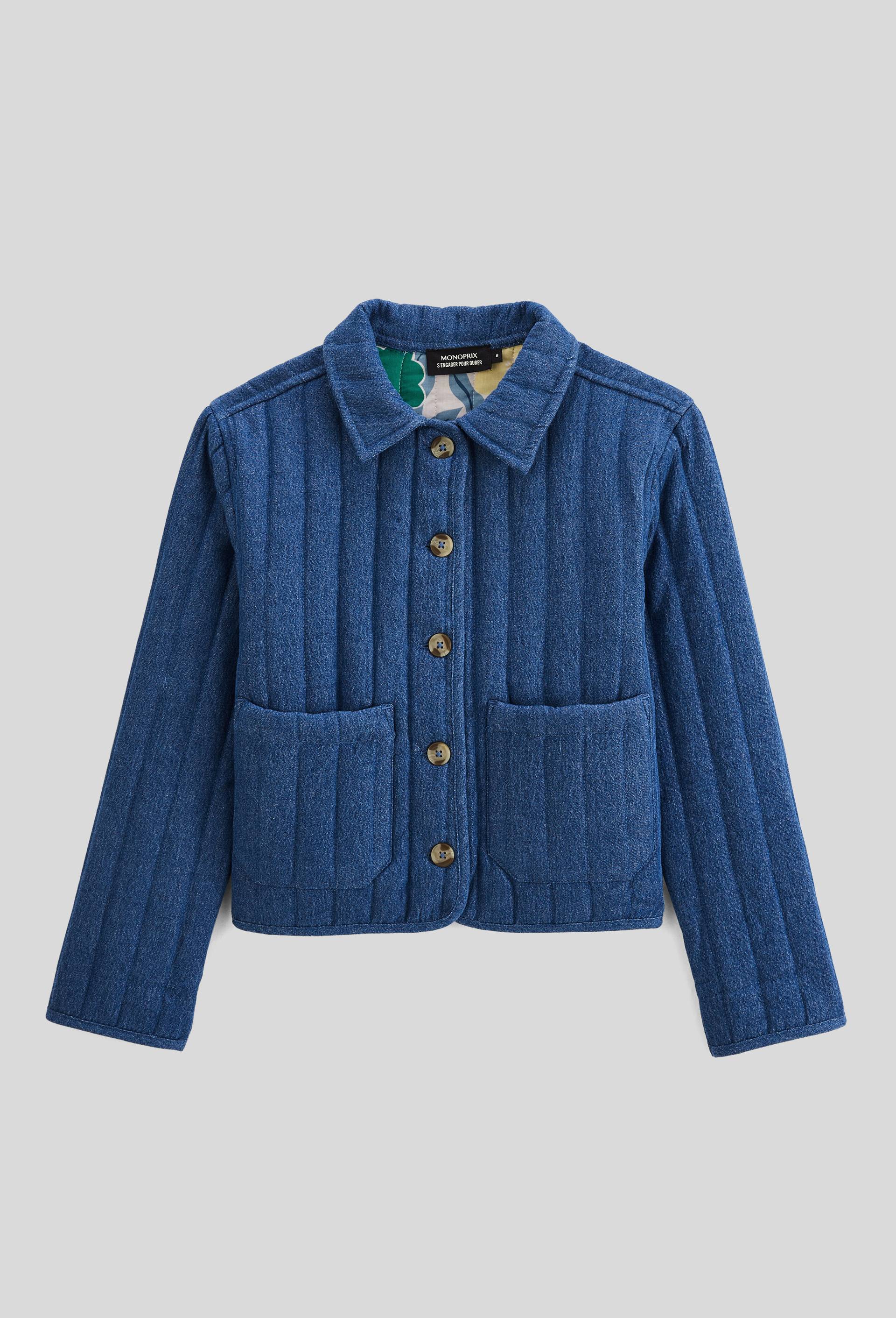Veste matelass&eacute;e en coton chambray &agrave; doublure imprim&eacute;e, Bleu, large image number 2.0