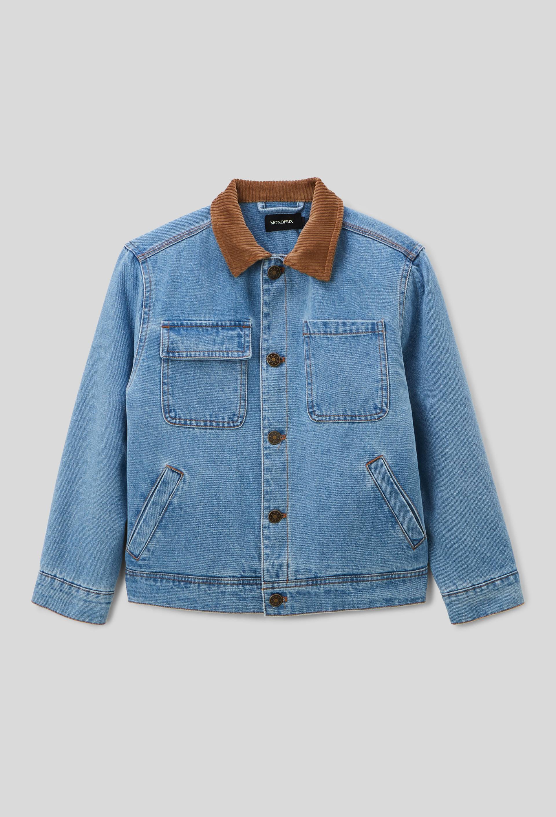 Veste col velours en jean doubl&eacute;e sherpa, Bleu fonc&eacute;, large image number 1
