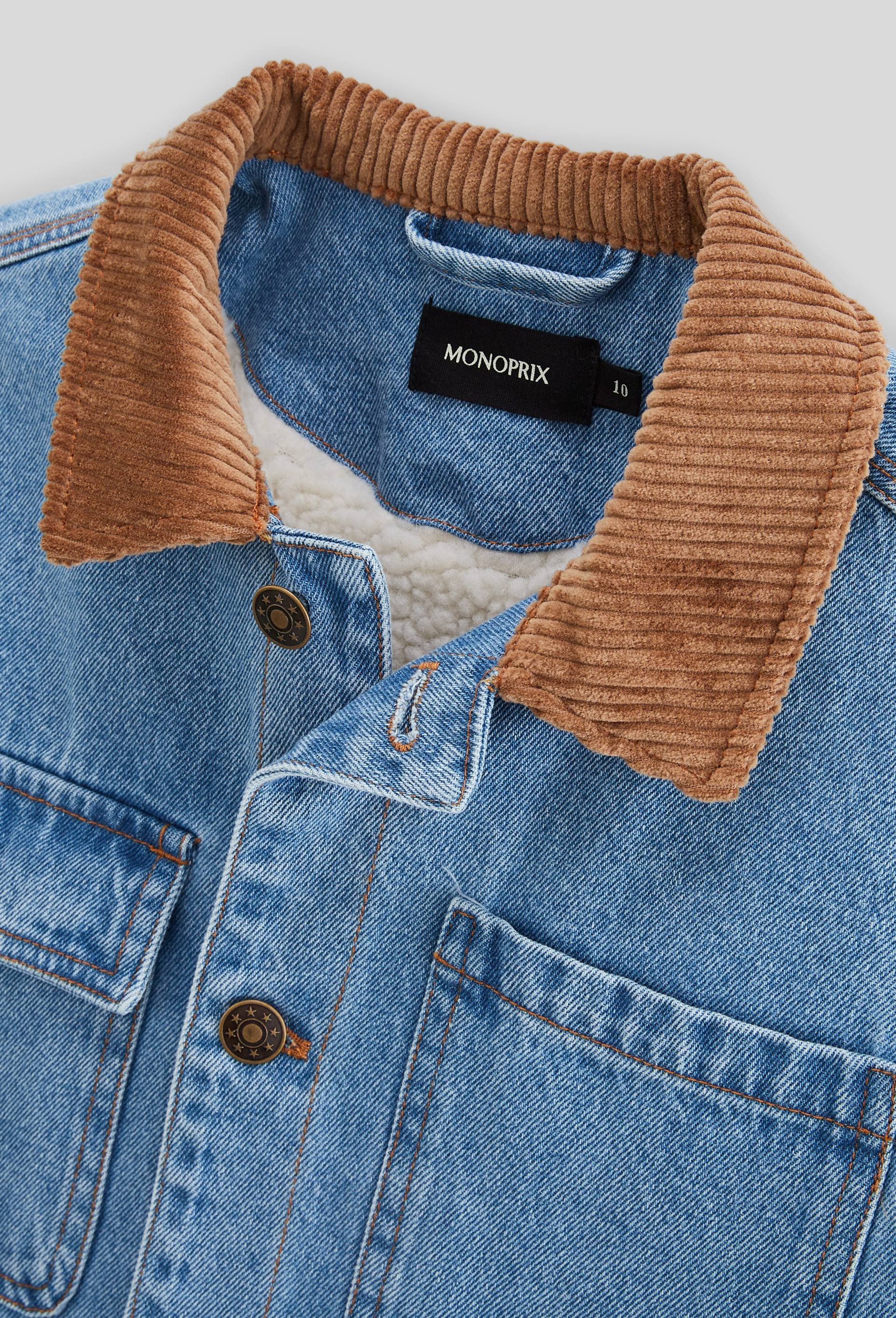 Veste col velours en jean doubl&eacute;e sherpa, Bleu fonc&eacute;, large image number 3