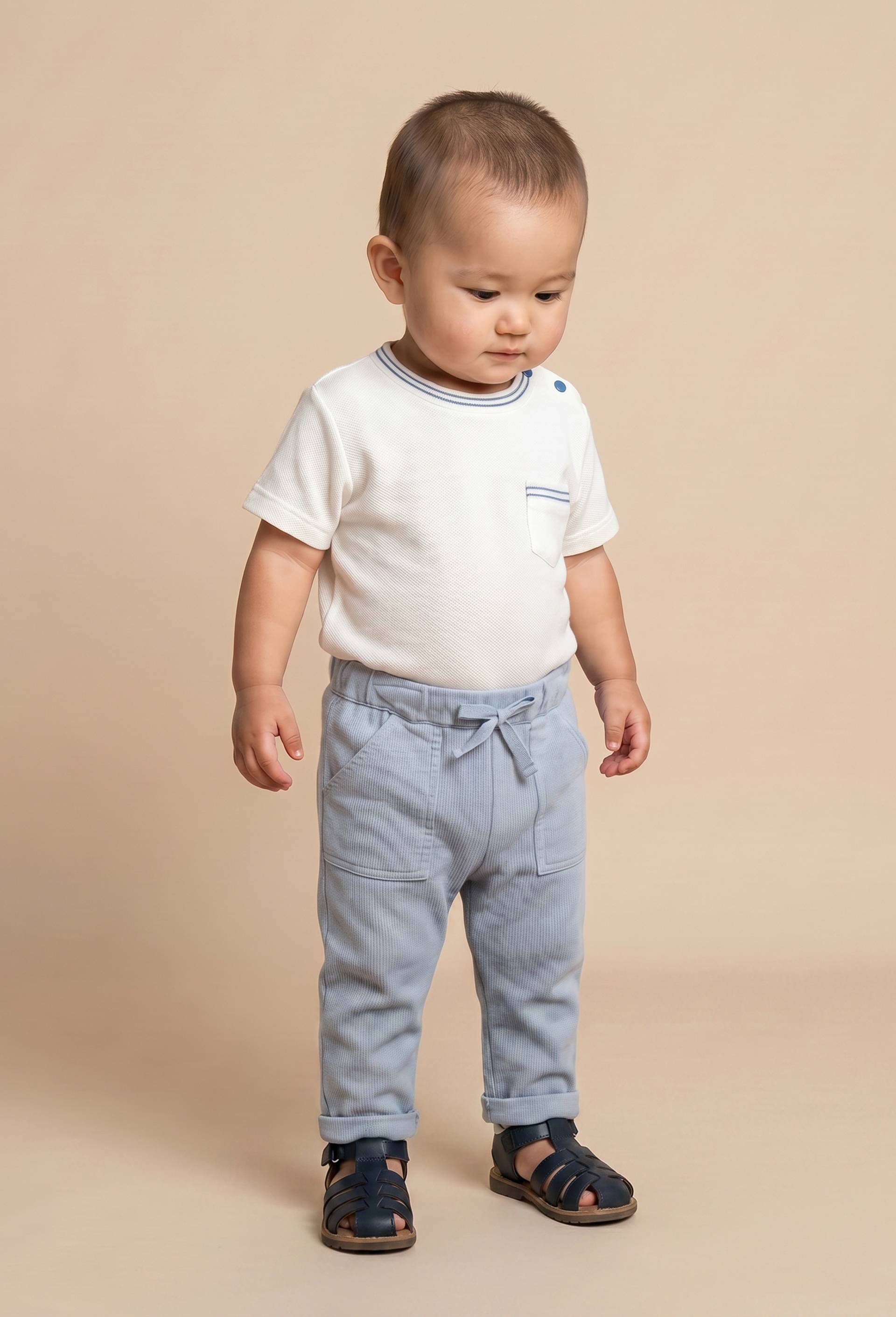 Pantalon taille &eacute;lastique uni en gaze de coton BIO GOTS, Bleu, large image number 0