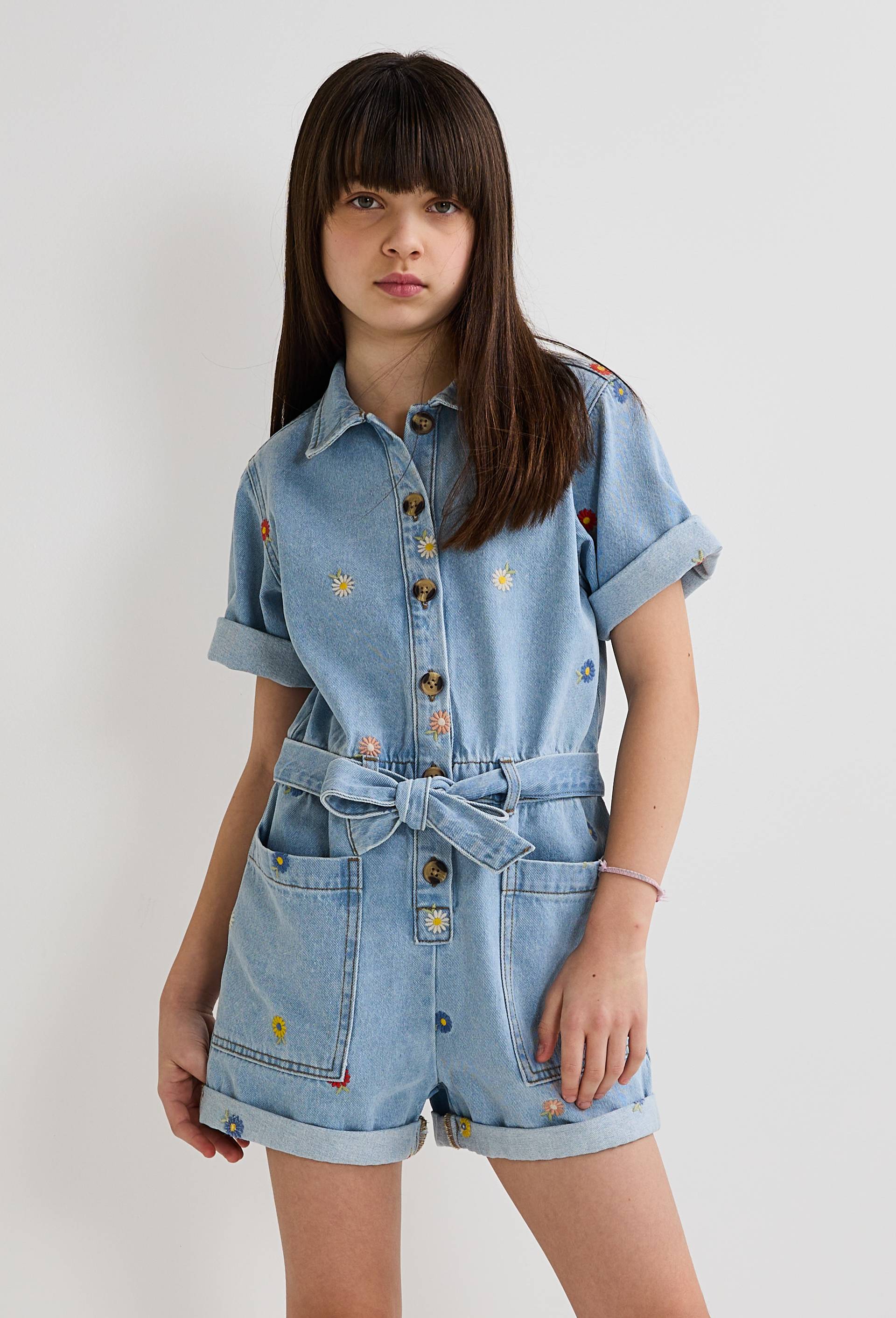 Combi-short brod&eacute;e en jean, Bleu clair, large image number 0