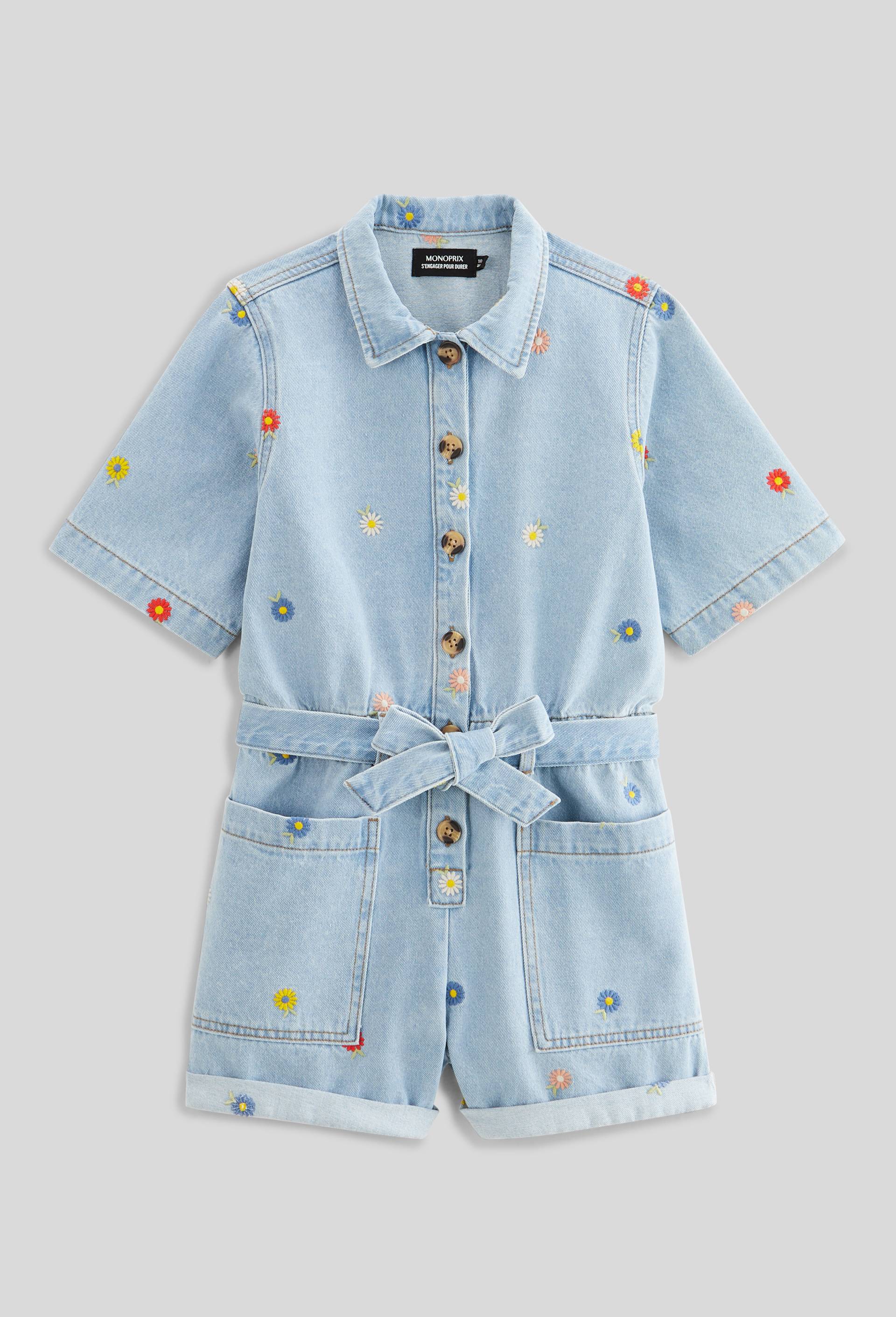 Combi-short brod&eacute;e en jean, Bleu clair, large image number 1