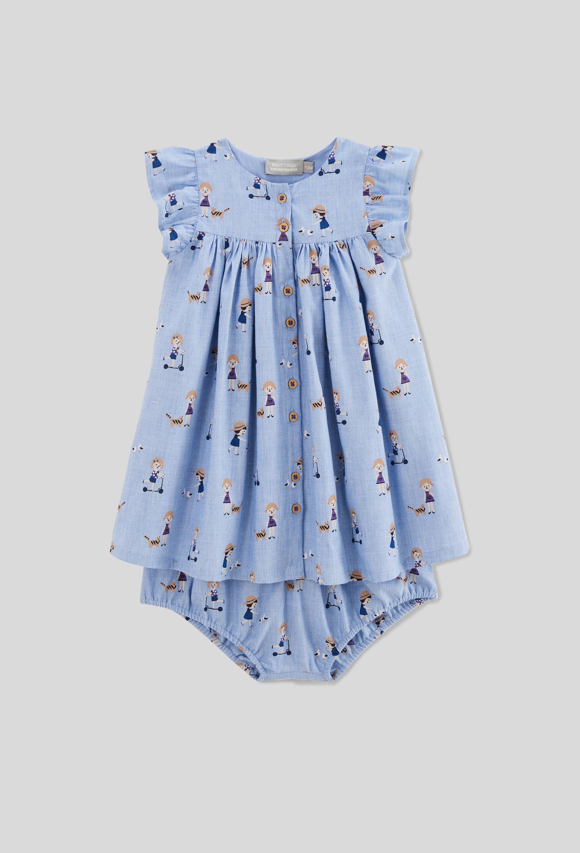 Robe avec bloomer imprimés en coton BIO GOTS, BLEU, large image number 0