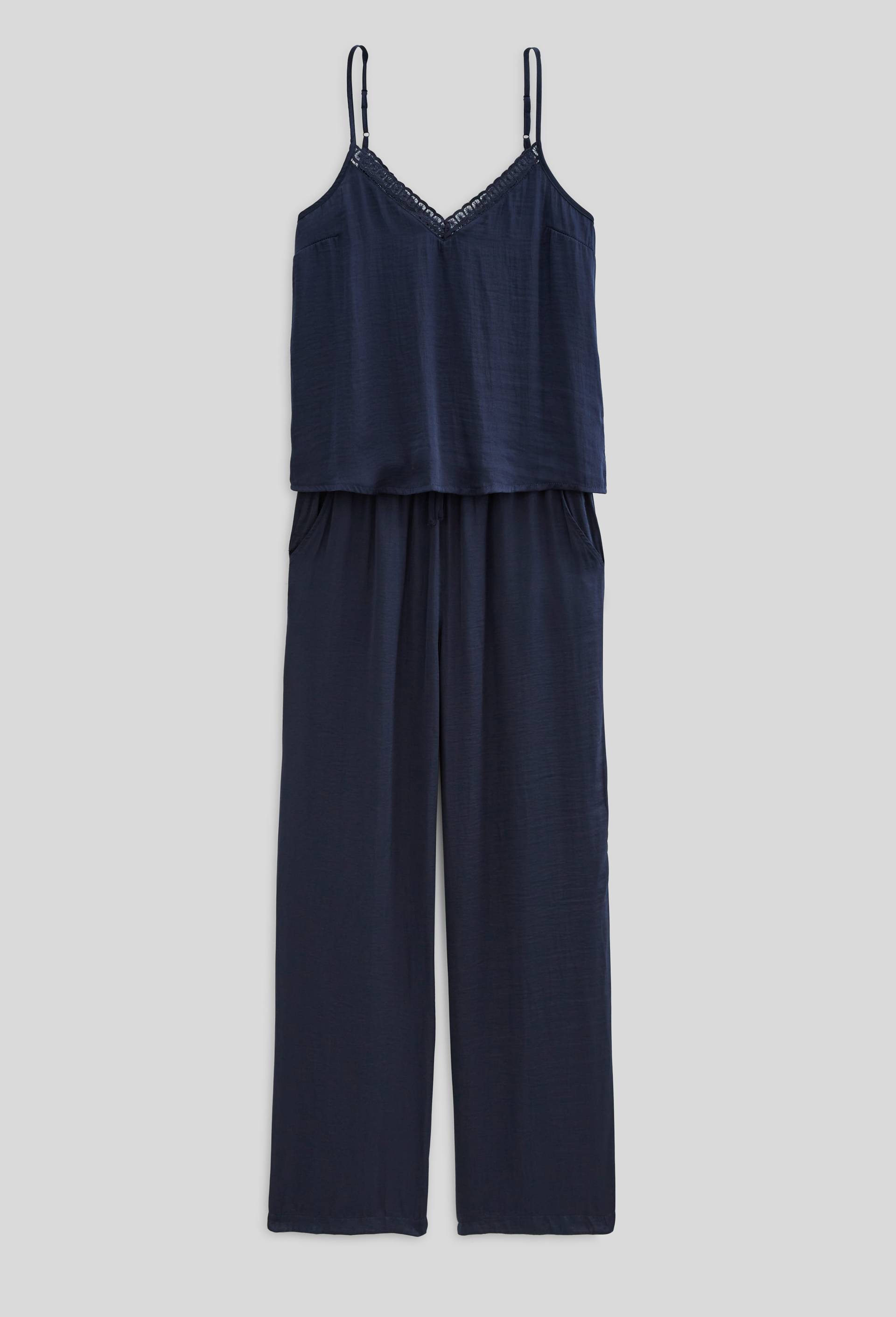 Pyjama &agrave; bretelles et col en dentelle, Bleu fonc&eacute;, large image number 2