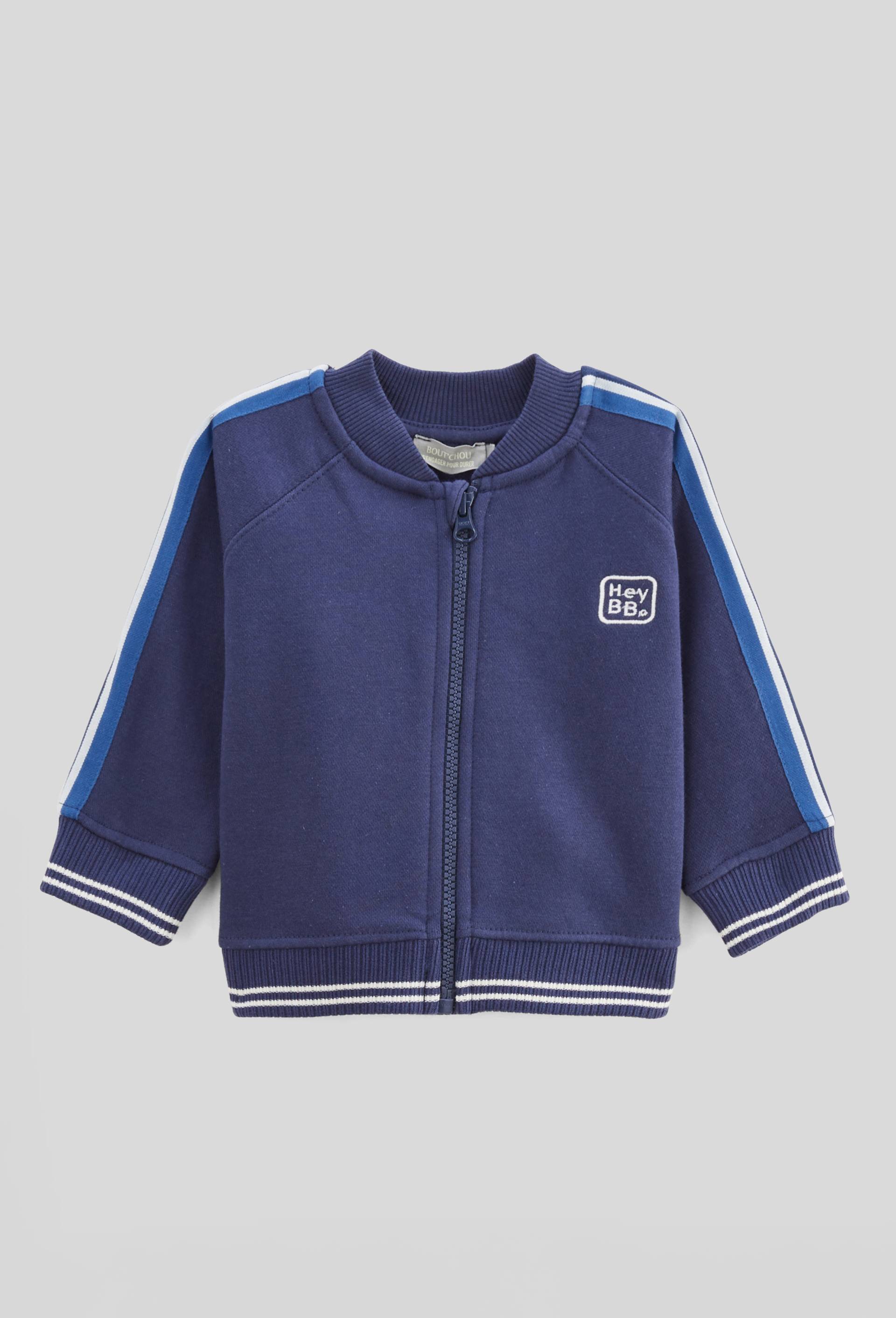 Sweat col teddy zippé à bandes, Bleu foncé, swatch image