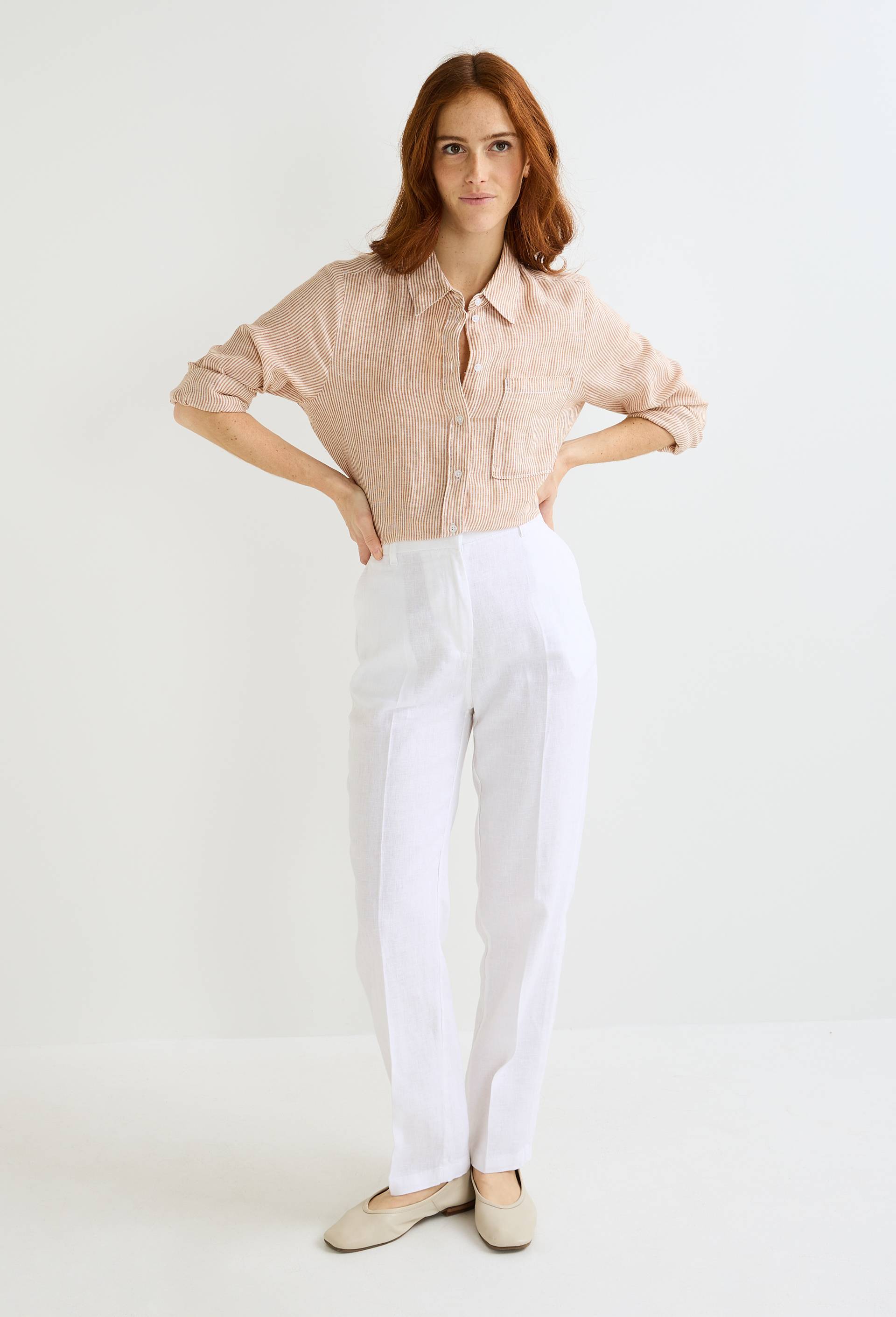 Pantalon carotte &agrave; taille semi-&eacute;lastiqu&eacute;e en lin, Blanc, large image number 0