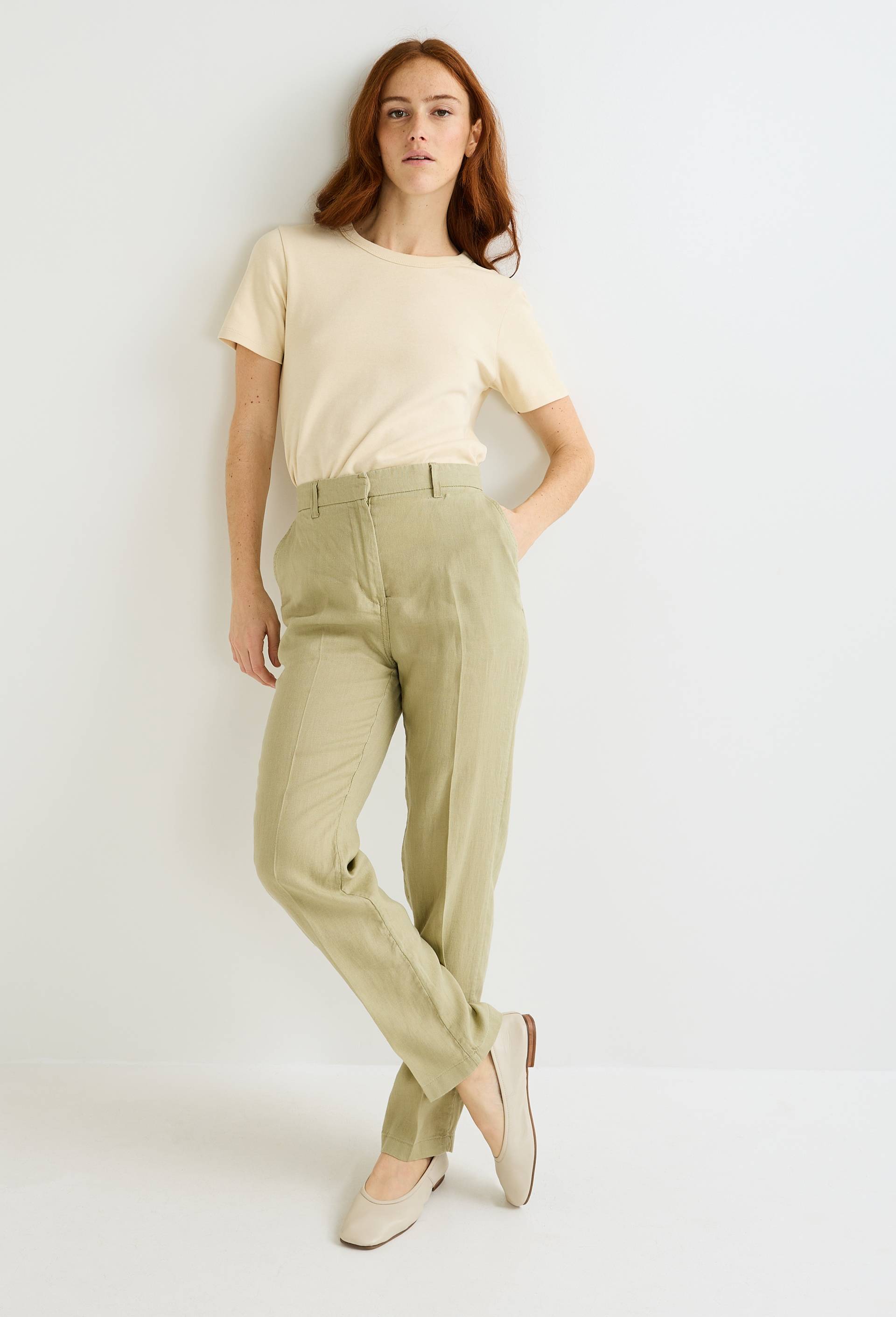 Pantalon carotte &agrave; taille semi-&eacute;lastiqu&eacute;e en lin, Beige, large image number 0