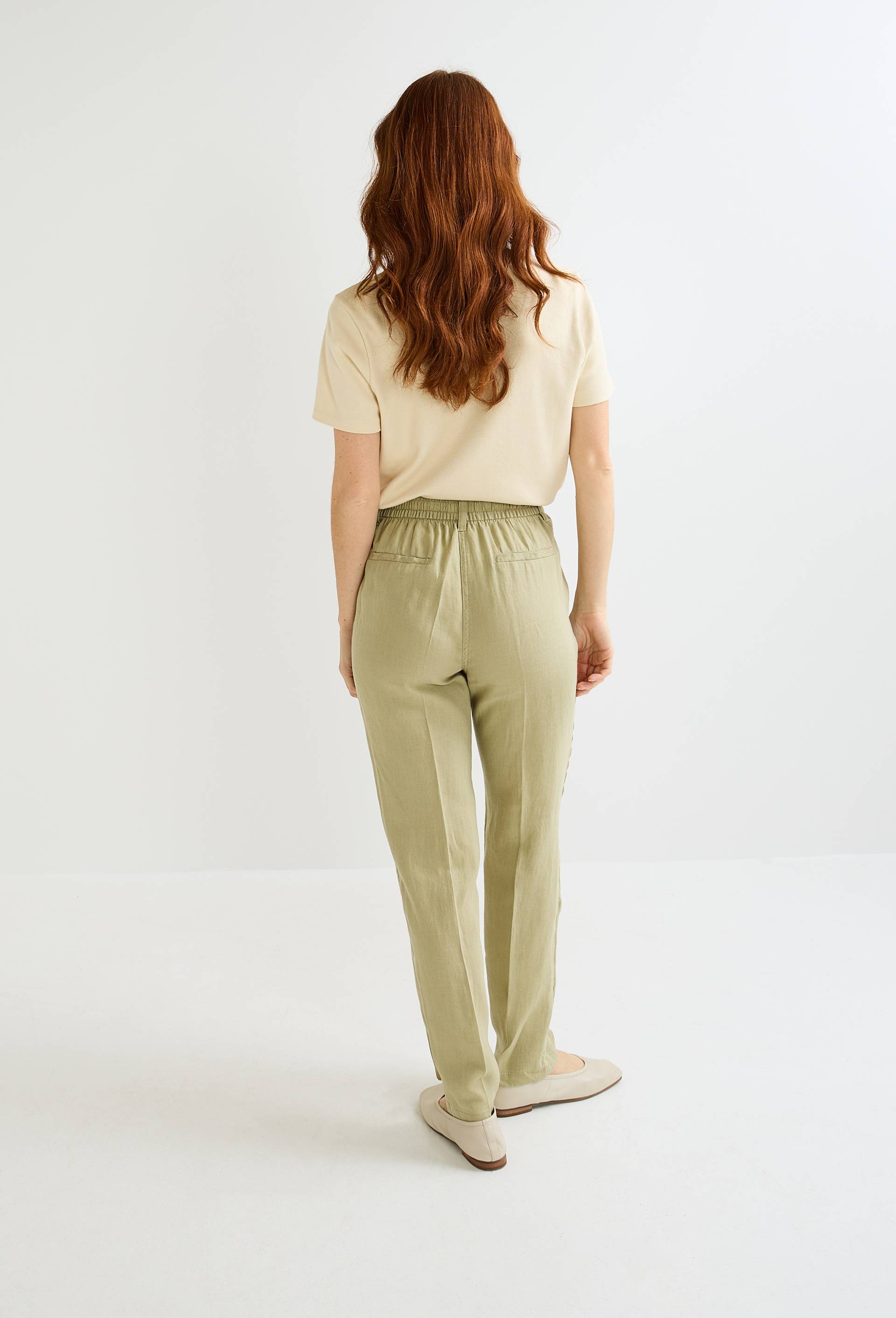 Pantalon carotte &agrave; taille semi-&eacute;lastiqu&eacute;e en lin, Beige, large image number 1