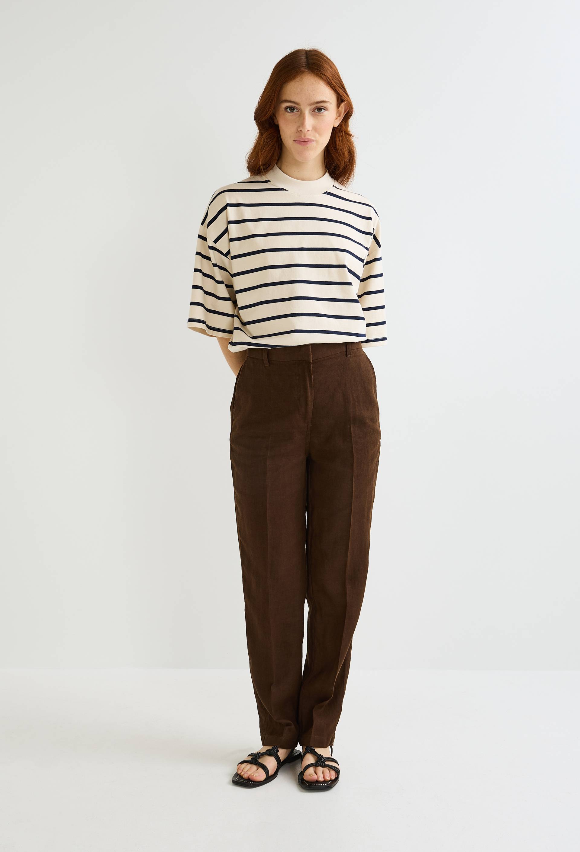 Pantalon carotte à taille semi-élastiquée en lin, Brun foncé, swatch image