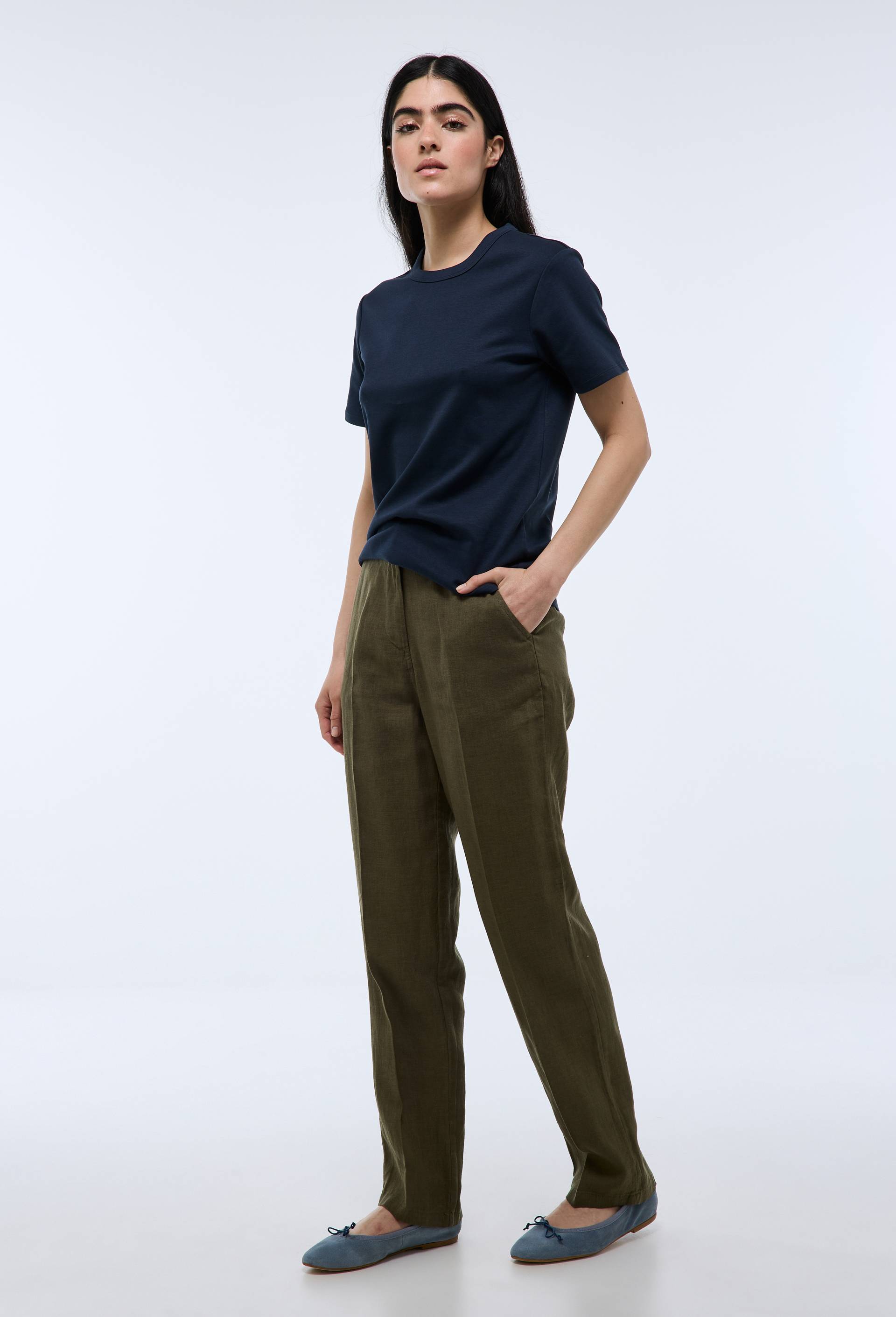 Pantalon carotte à taille semi-élastiquée en lin, Vert foncé, swatch image