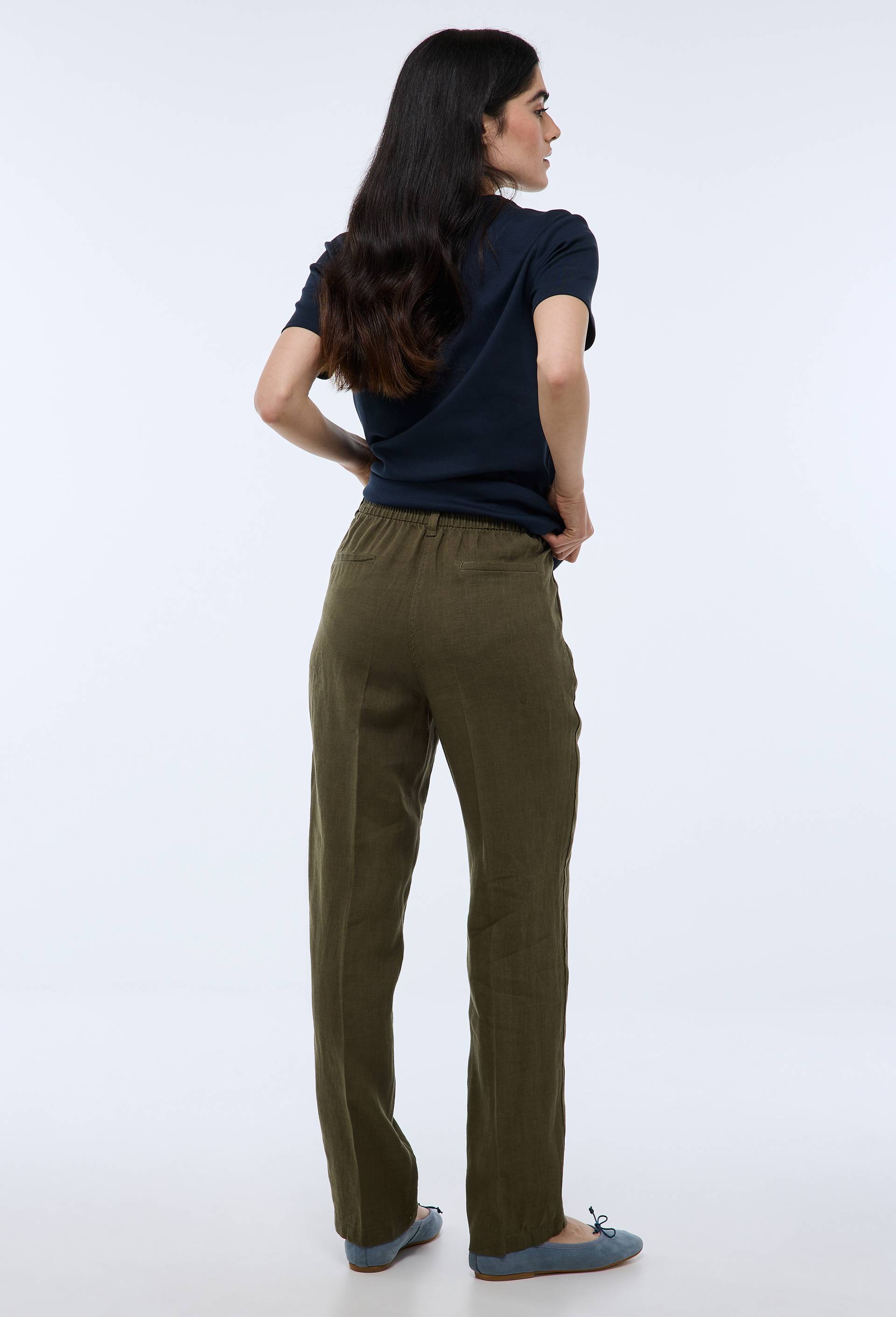 Pantalon carotte &agrave; taille semi-&eacute;lastiqu&eacute;e en lin, Vert fonc&eacute;, large image number 1