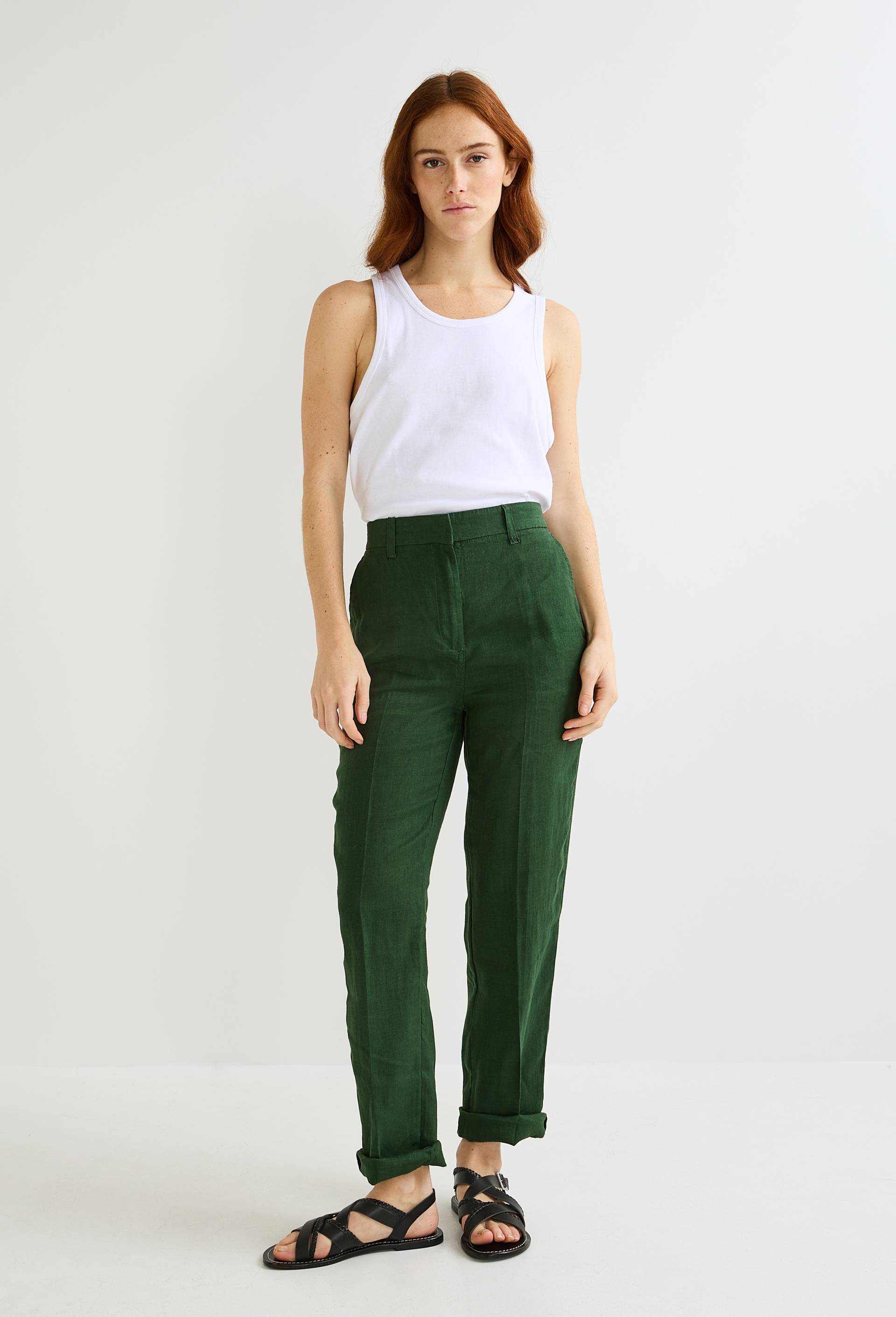 Pantalon carotte à taille semi-élastiquée en lin, Vert foncé, large image number 0