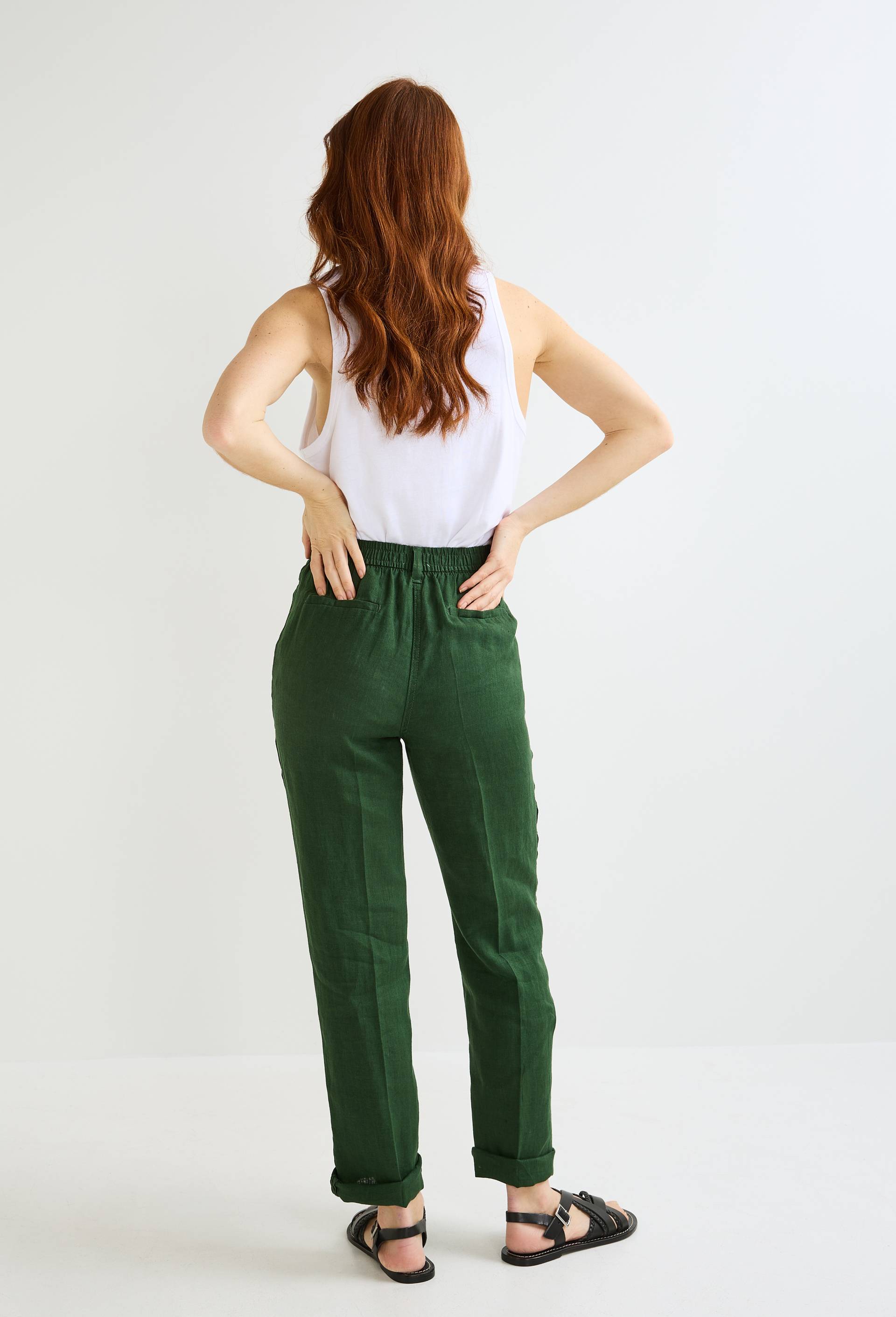 Pantalon carotte à taille semi-élastiquée en lin, Vert foncé, large image number 1.0