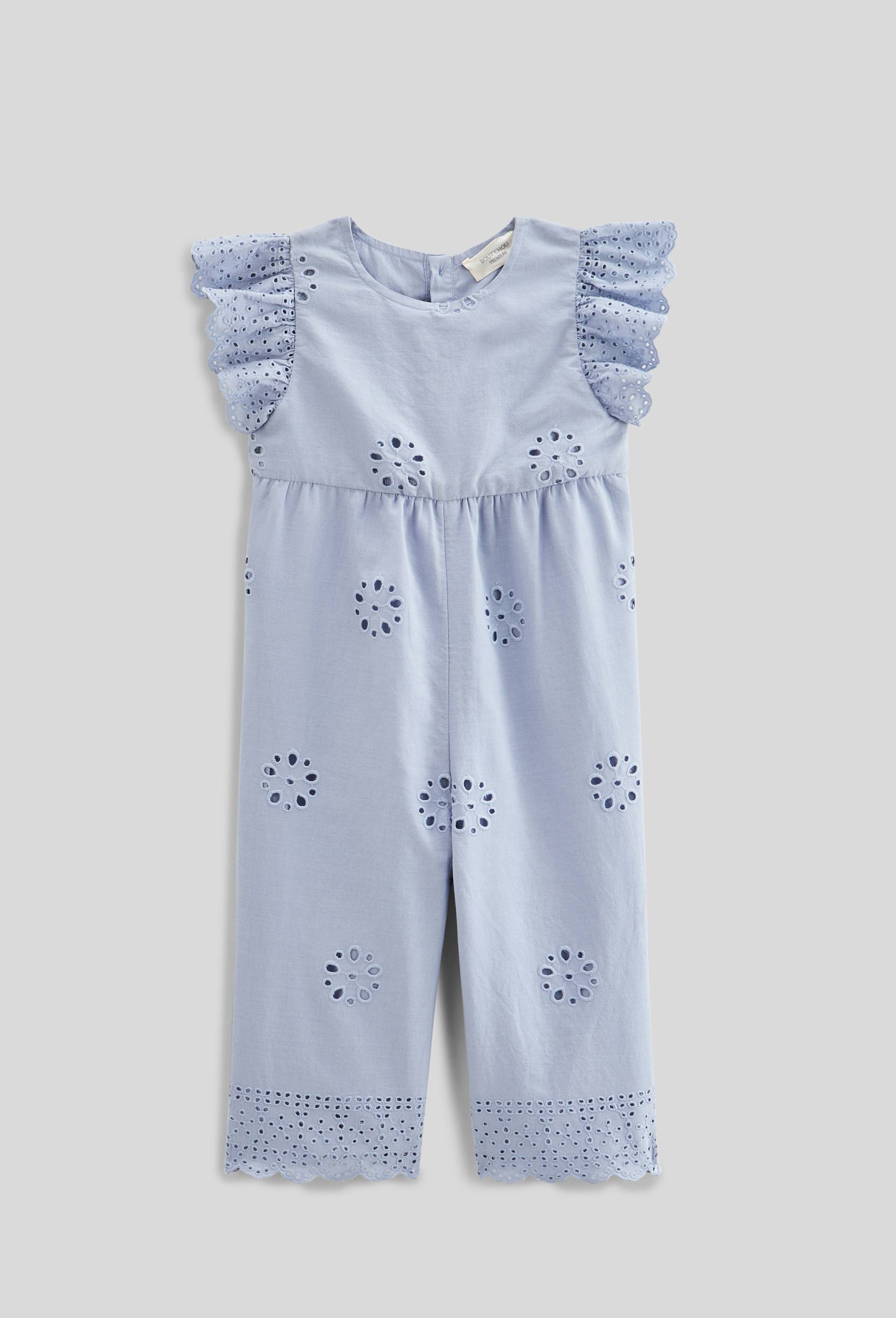Combinaison longue unie en broderie anglaise en coton BIO GOTS - collection Cérémonie, Bleu, large image number 0