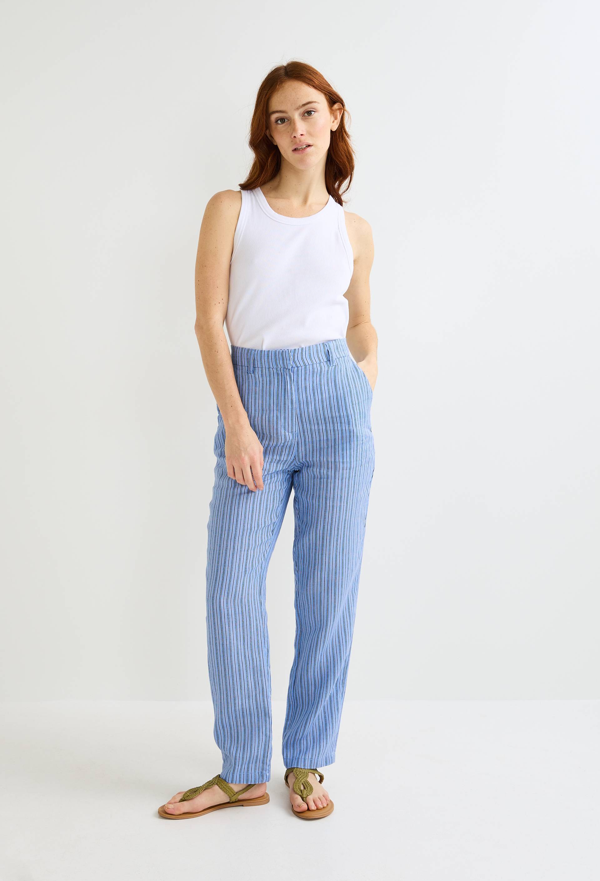 Pantalon carotte &agrave; taille semi-&eacute;lastiqu&eacute;e en lin, Bleu, large image number 0