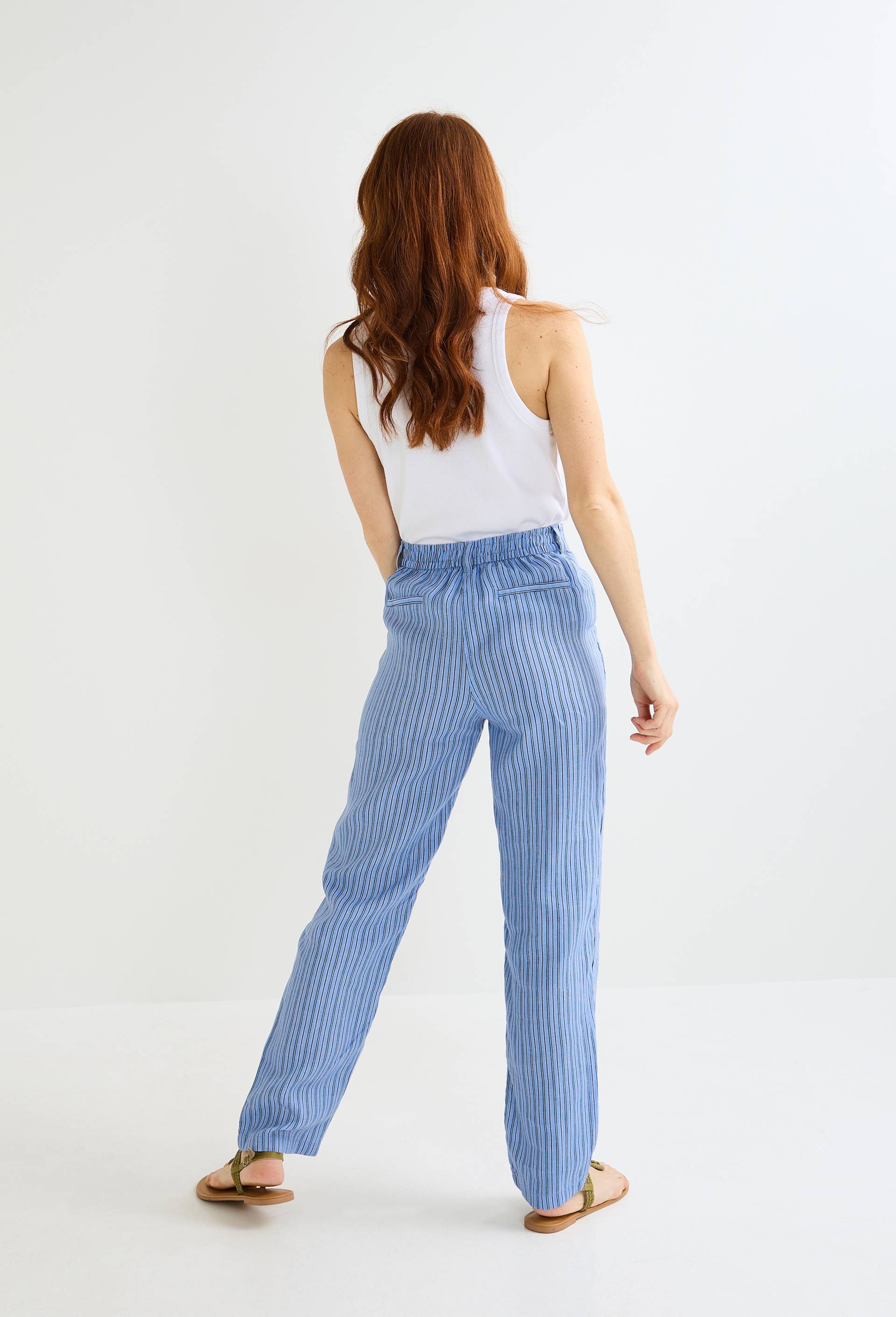 Pantalon carotte &agrave; taille semi-&eacute;lastiqu&eacute;e en lin, Bleu, large image number 1.0
