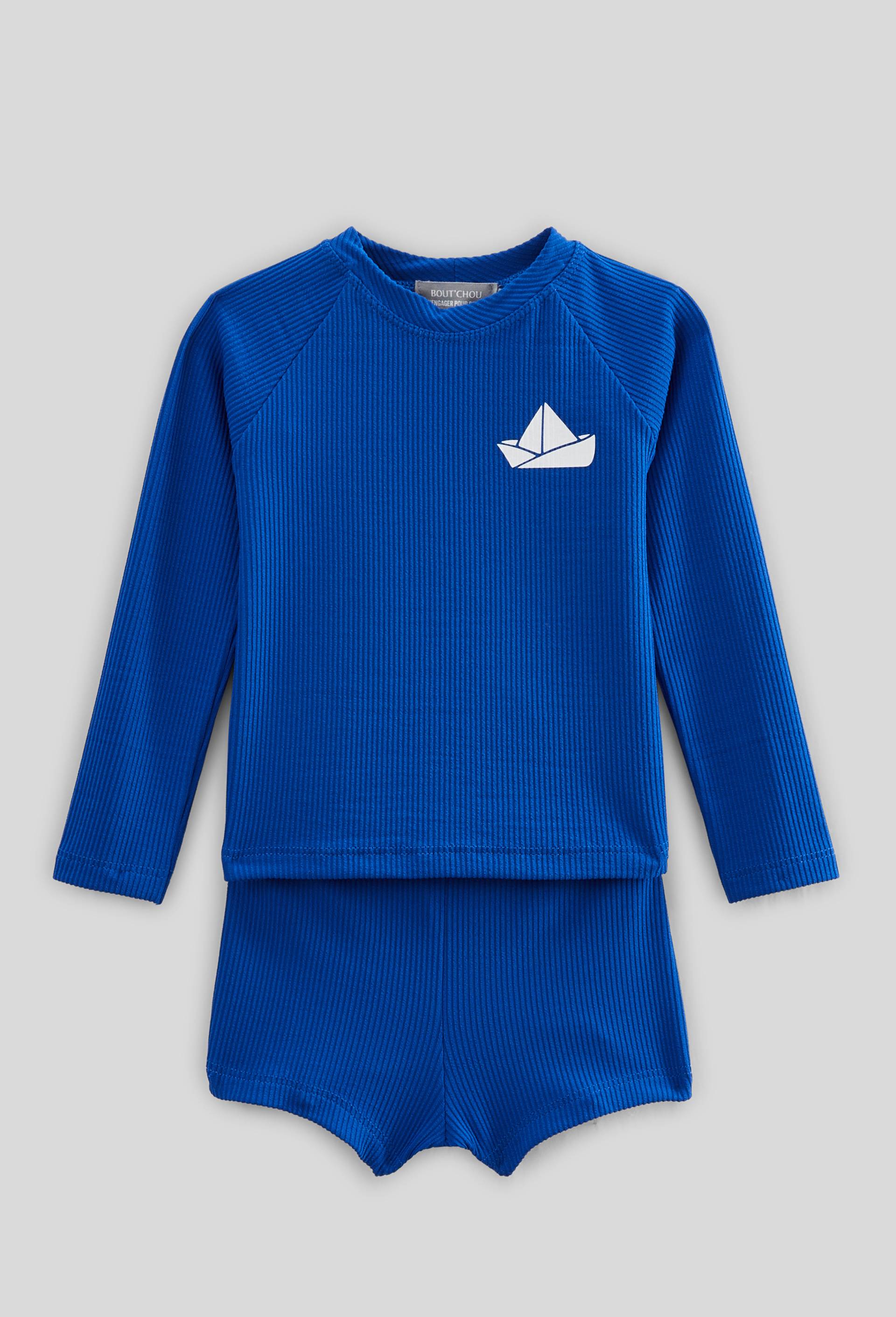 Maillot de bain tee-shirt manches longues et short uni, BLEU, large image number 0