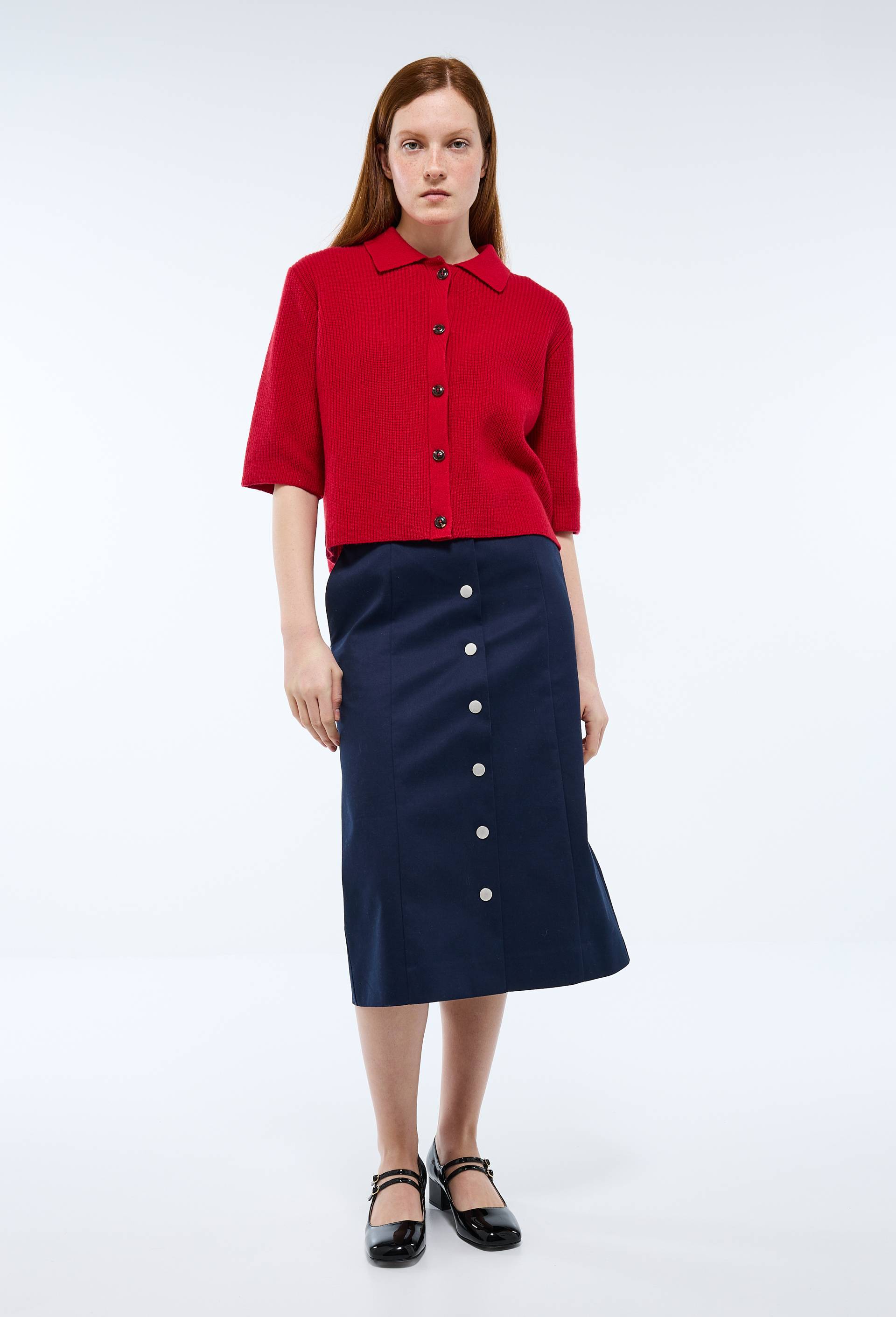 Jupe midi boutonn&eacute;e en coton, Bleu fonc&eacute;, large image number 1