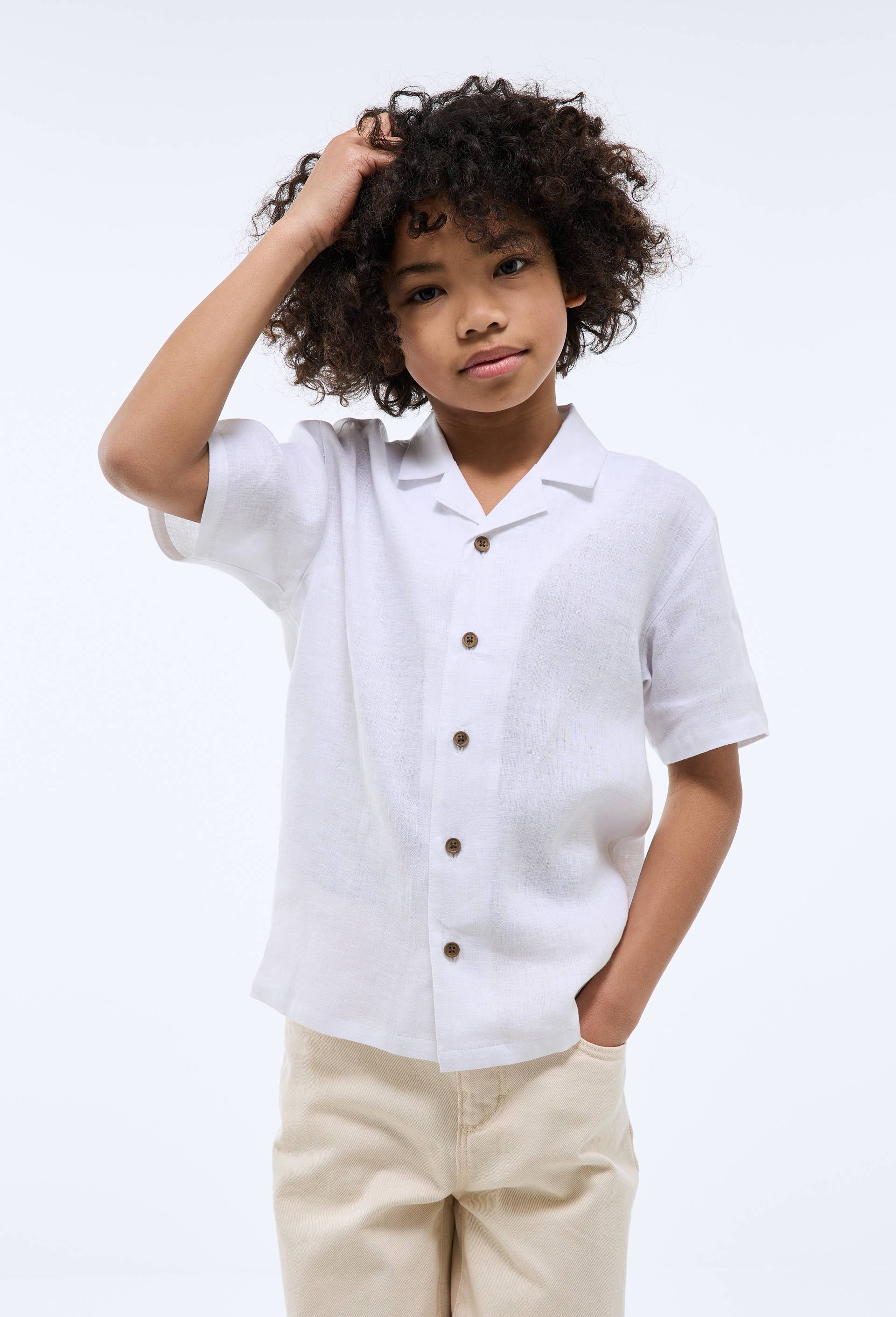 Chemise manches courtes unie en 100% lin, Ecru, large image number 0