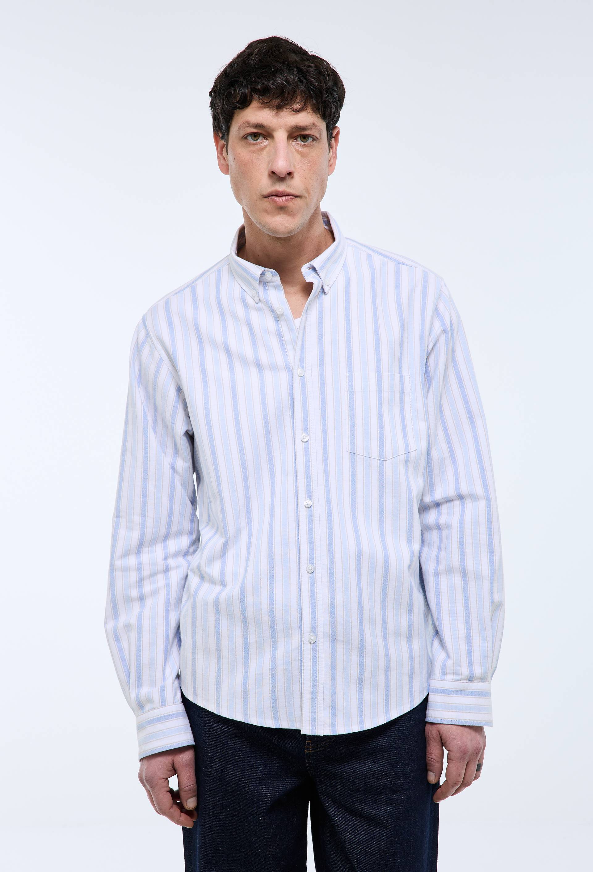 Chemise oxford ray&eacute;e en coton BIO GOTS, Bleu, swatch image