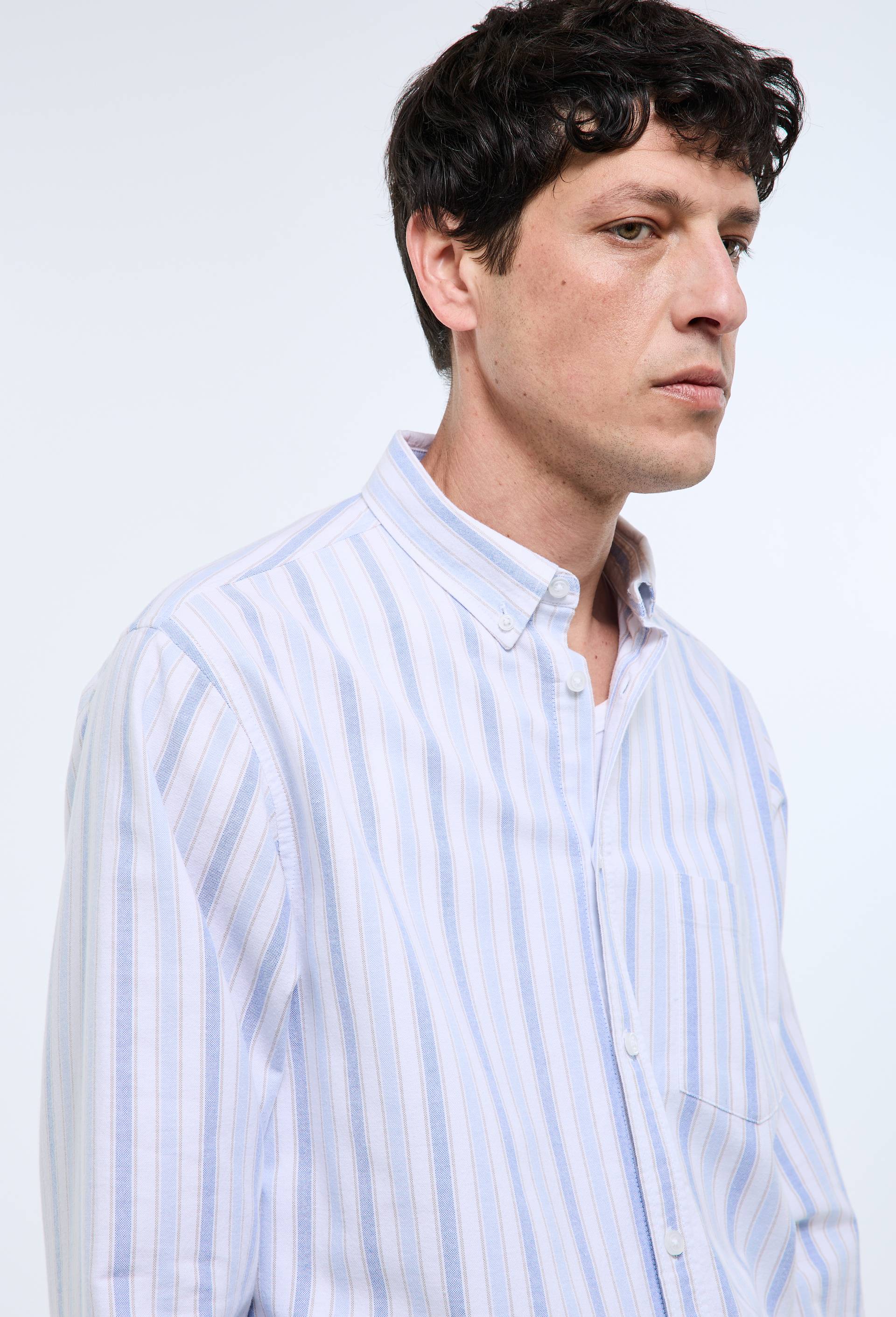 Chemise oxford ray&eacute;e en coton BIO GOTS, Bleu, large image number 1.0
