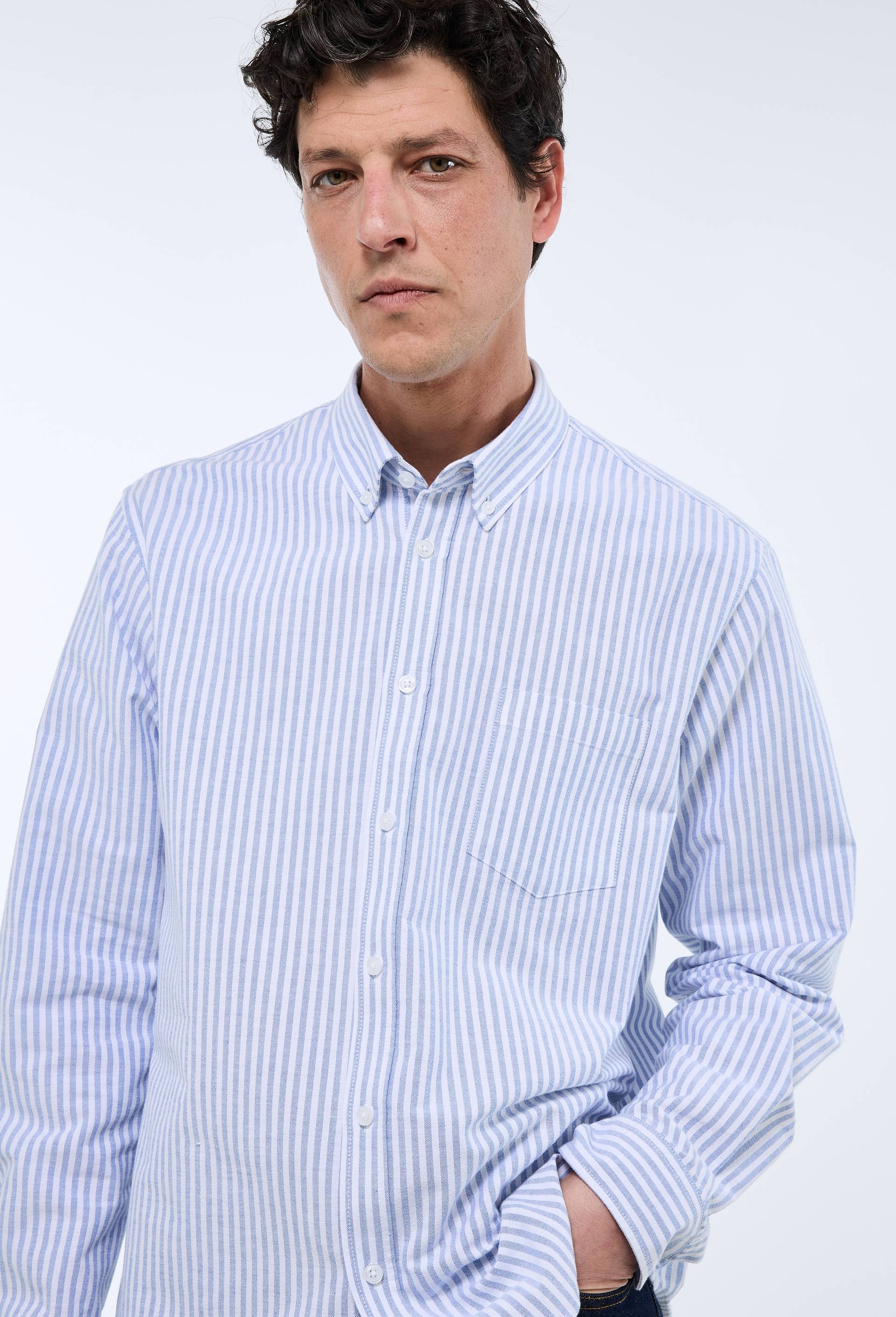 Chemise oxford ray&eacute;e en coton BIO GOTS, Bleu, large image number 0.0
