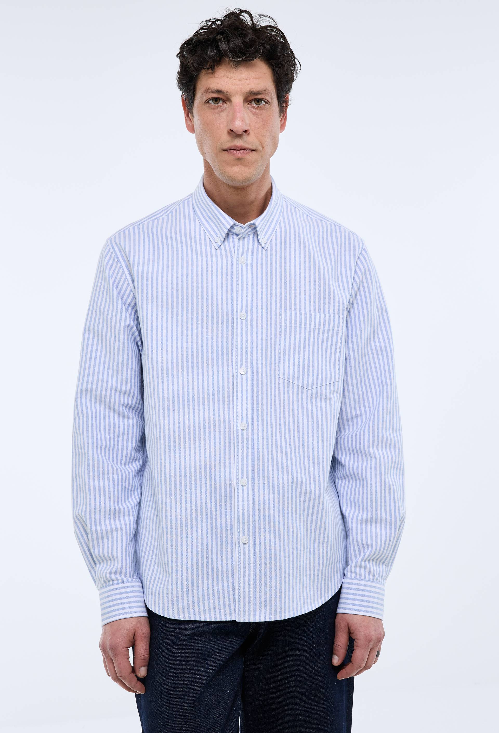 Chemise oxford ray&eacute;e en coton BIO GOTS, Bleu, large image number 1
