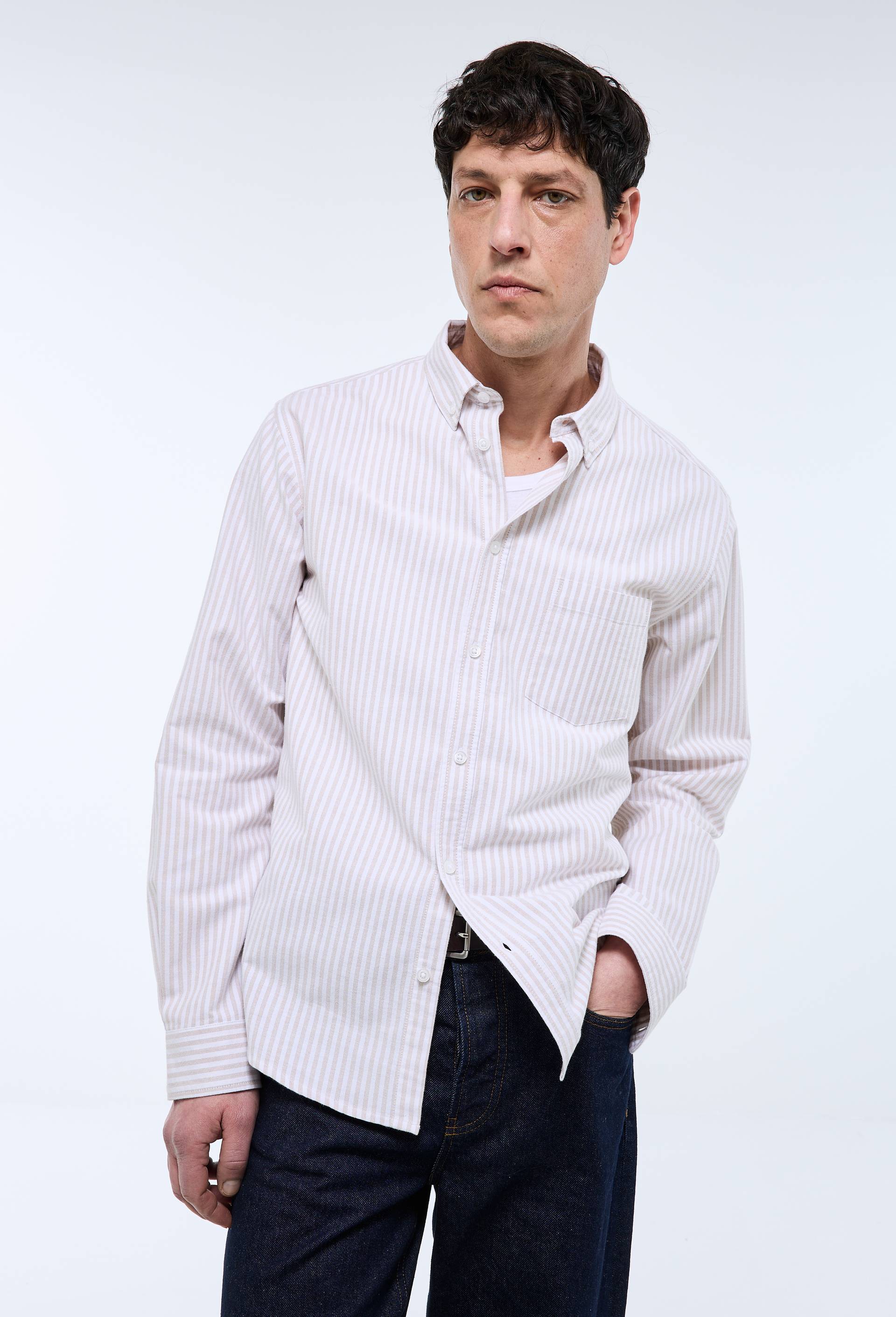 Chemise oxford ray&eacute;e en coton BIO GOTS, Beige, large image number 0