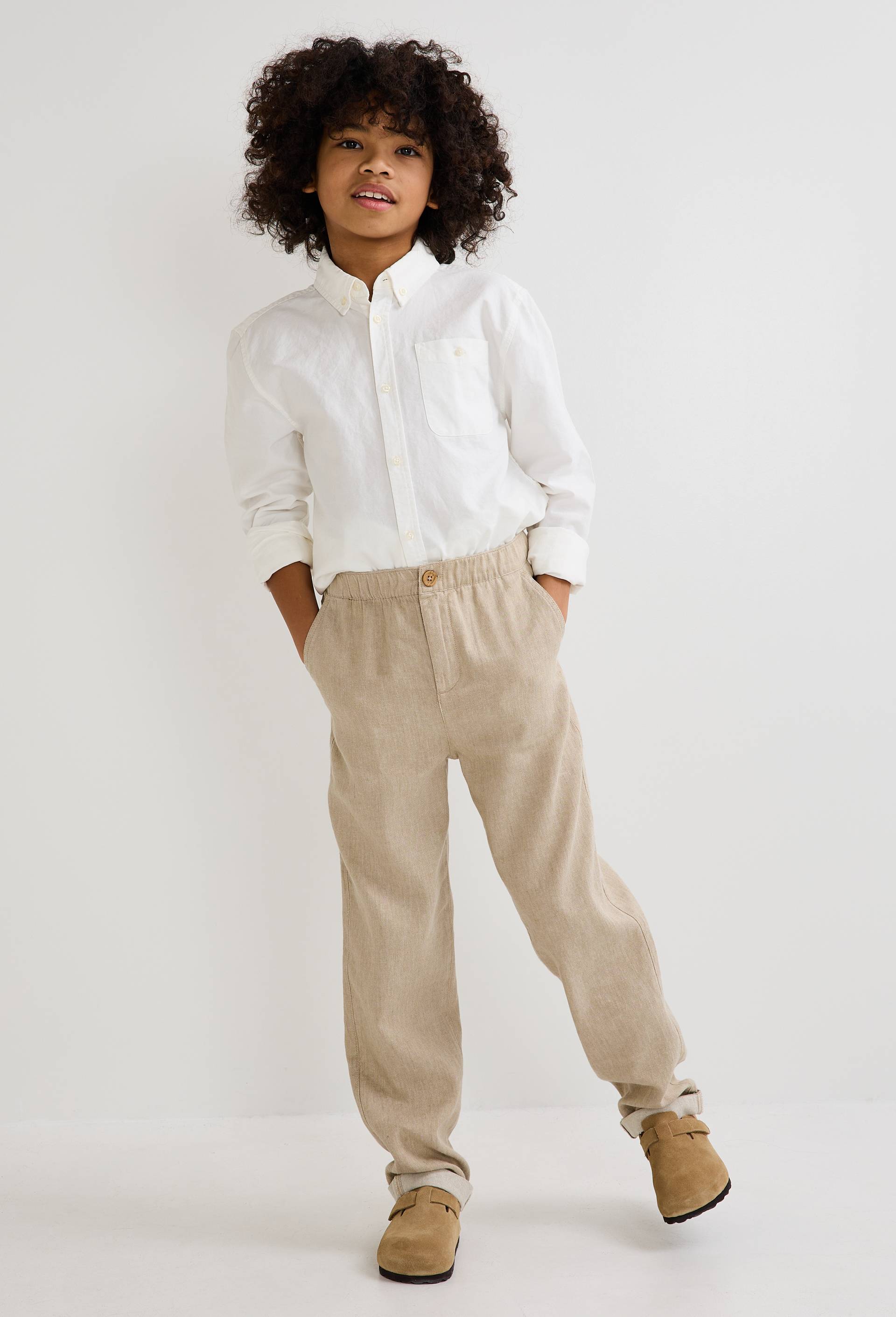 Pantalon droit uni en coton et lin, Vert, swatch image
