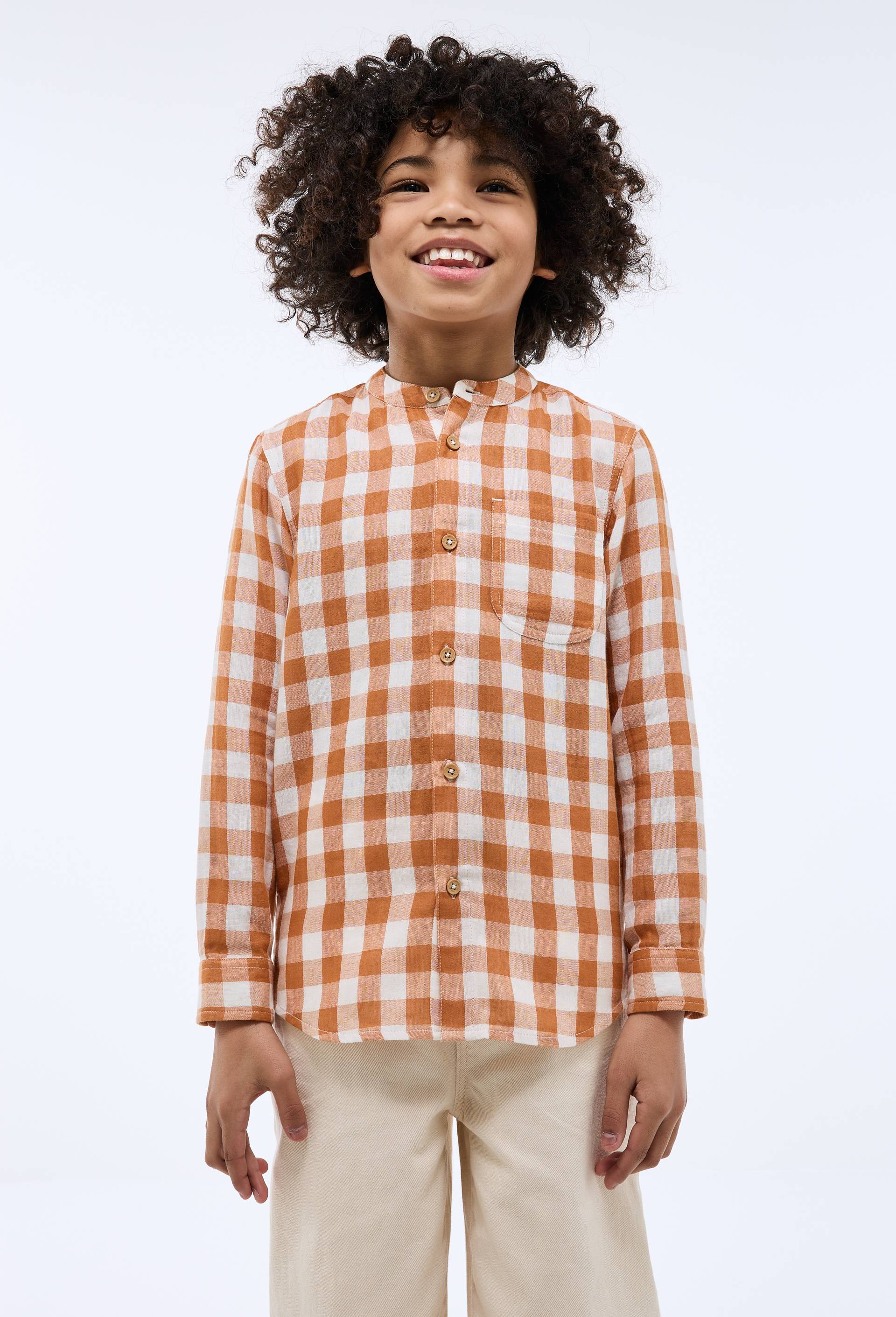 Chemise col mao vichy en gaze de coton BIO GOTS, Brun, large image number 1.0