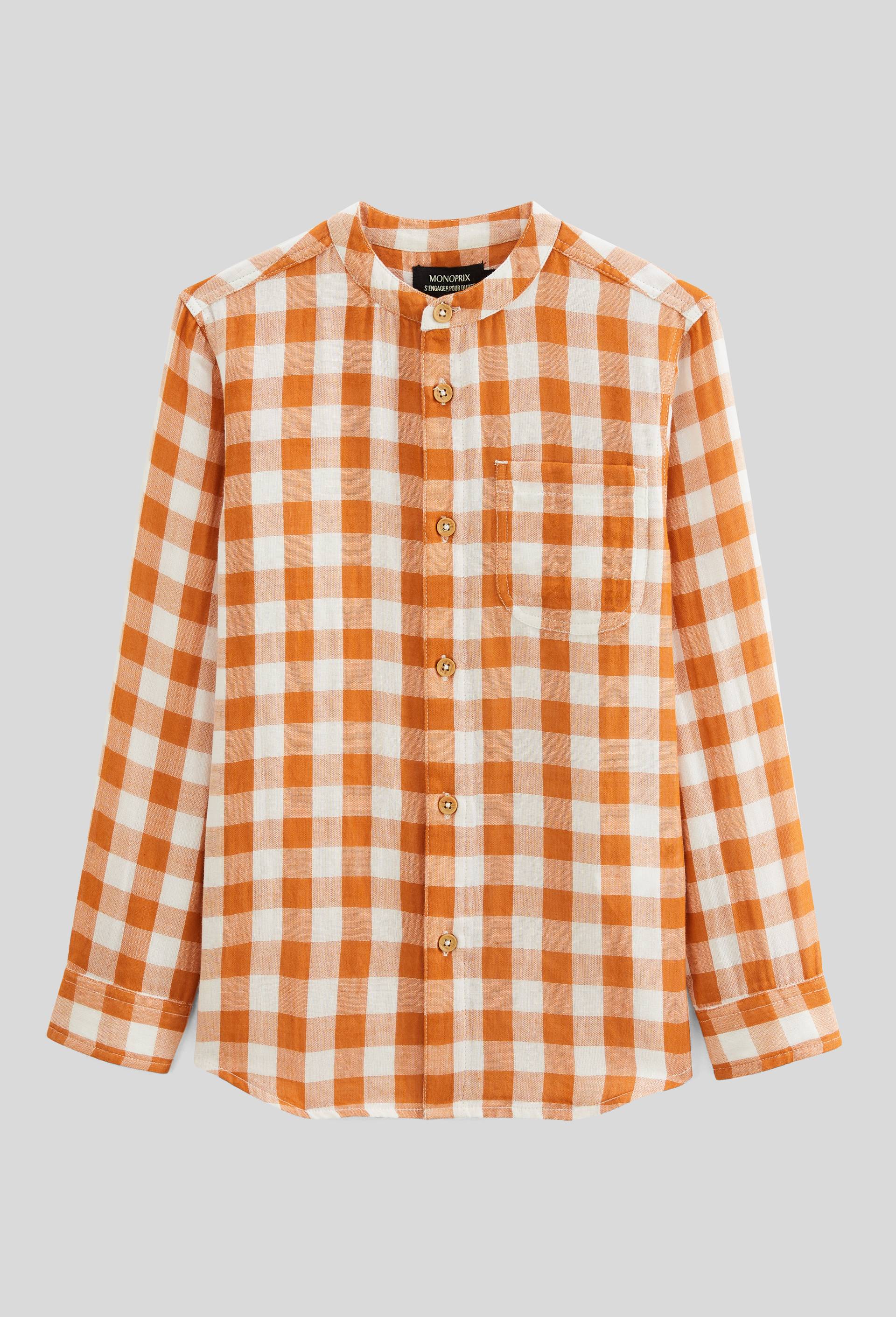 Chemise col mao vichy en gaze de coton BIO GOTS, Brun, large image number 2.0