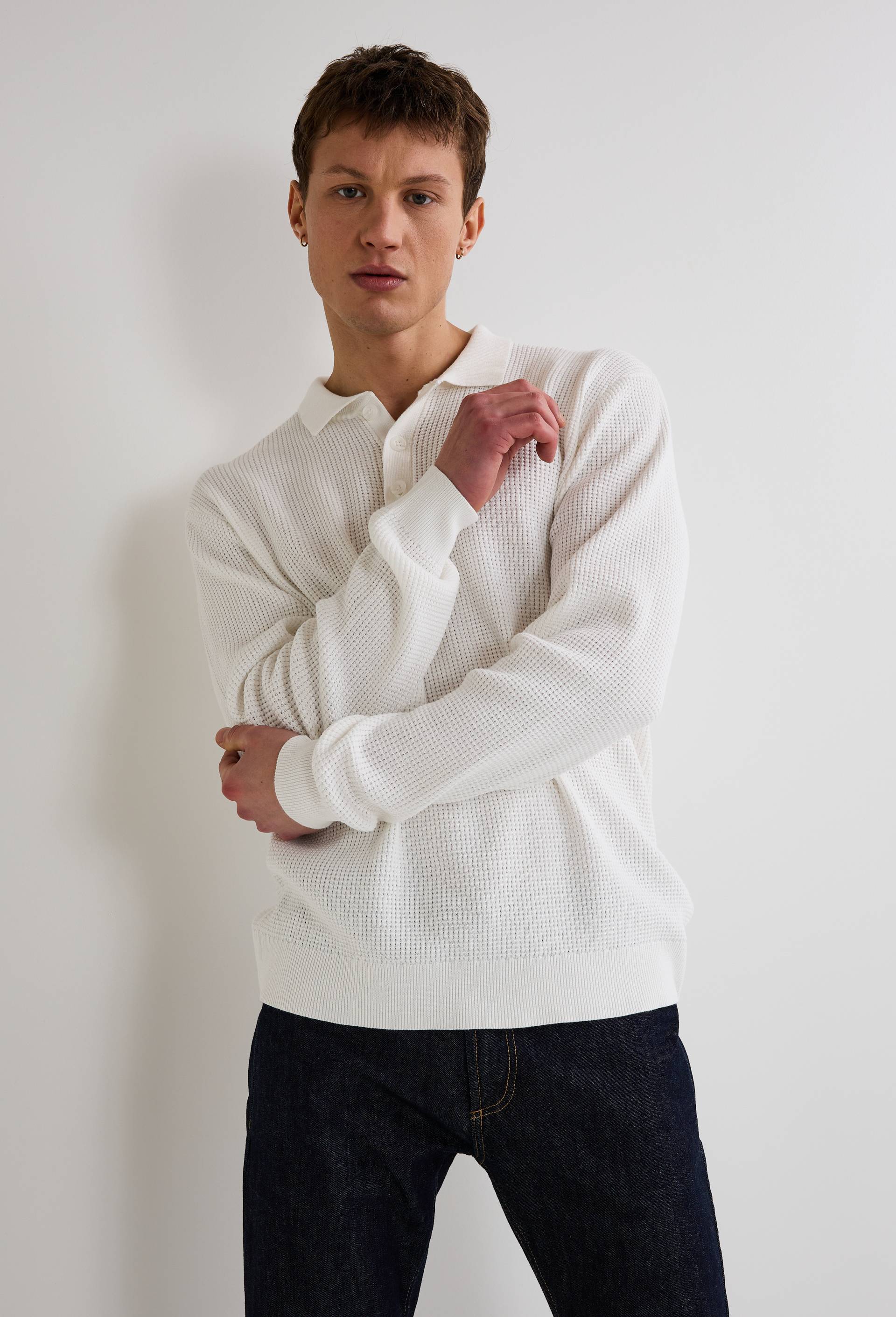 Pull col polo boutonné en coton BIO GOTS, Ecru, large image number 0