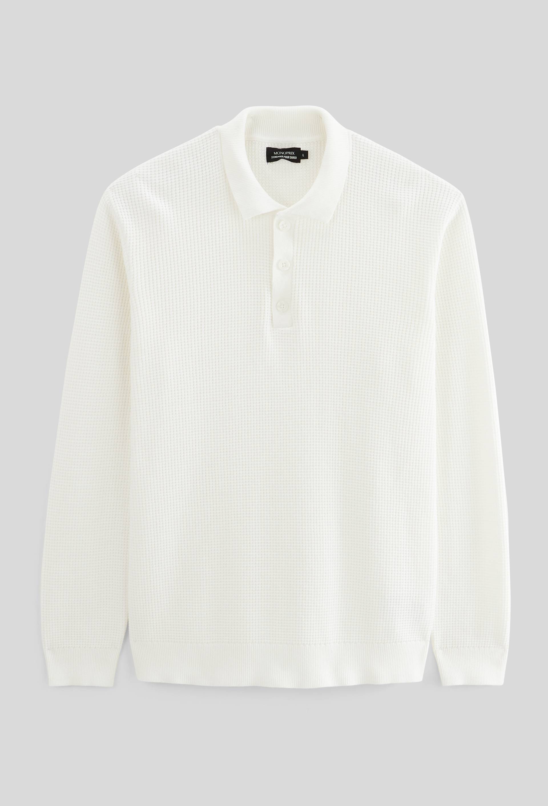 Pull col polo boutonné en coton BIO GOTS, Ecru, large image number 2