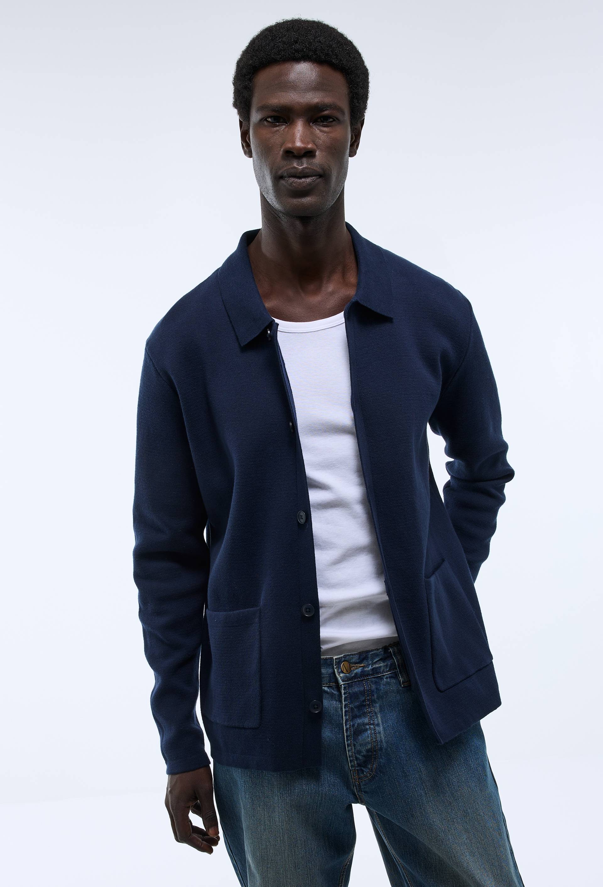 Gilet boutonn&eacute; en coton, Bleu fonc&eacute;, large image number 0