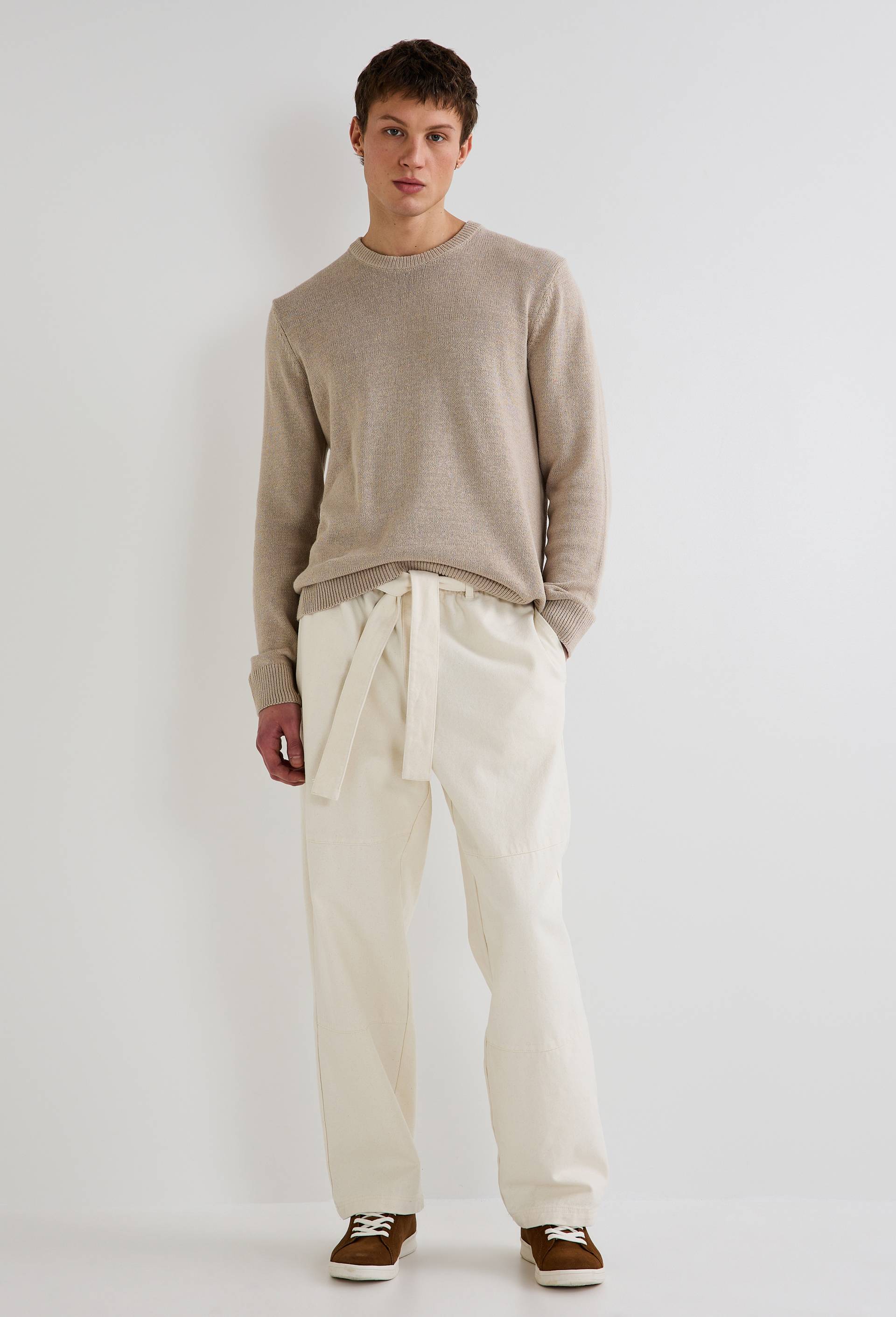 Pantalon large avec ceinture en coton, Ecru, large image number 0