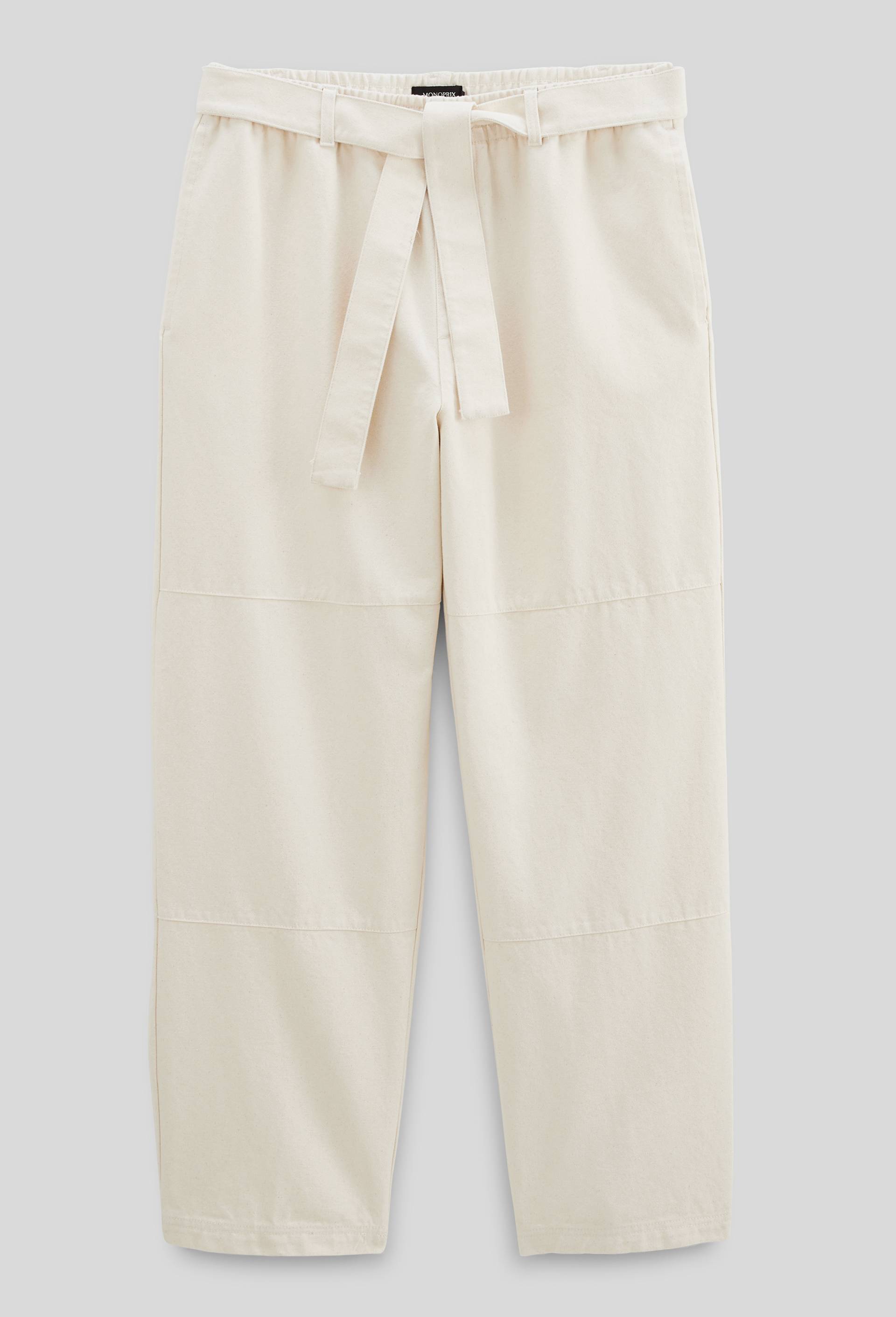 Pantalon large avec ceinture en coton, Ecru, large image number 2
