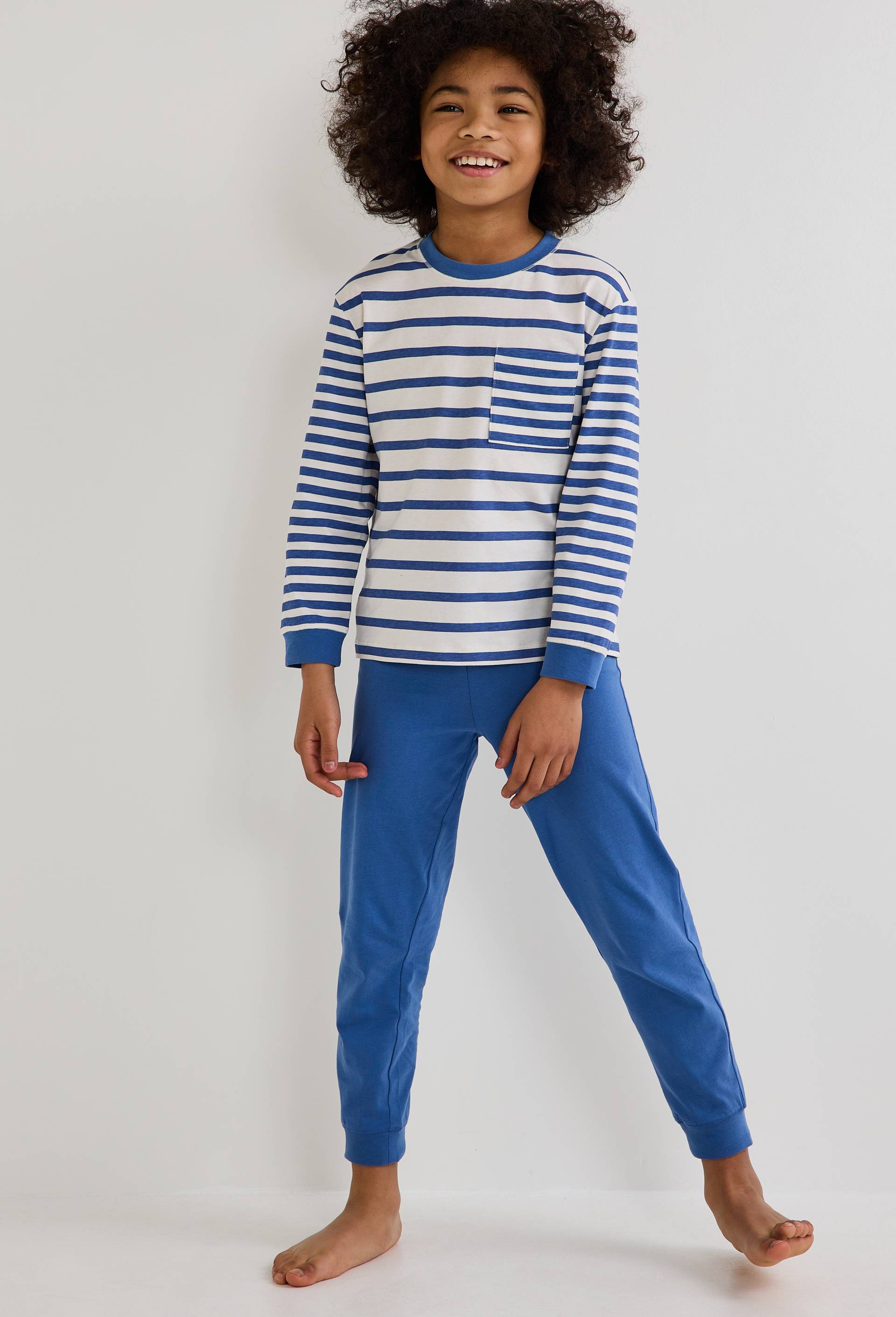 Pyjama manches longues ray&eacute; en jersey coton BIO GOTS, Bleu, large image number 0.0
