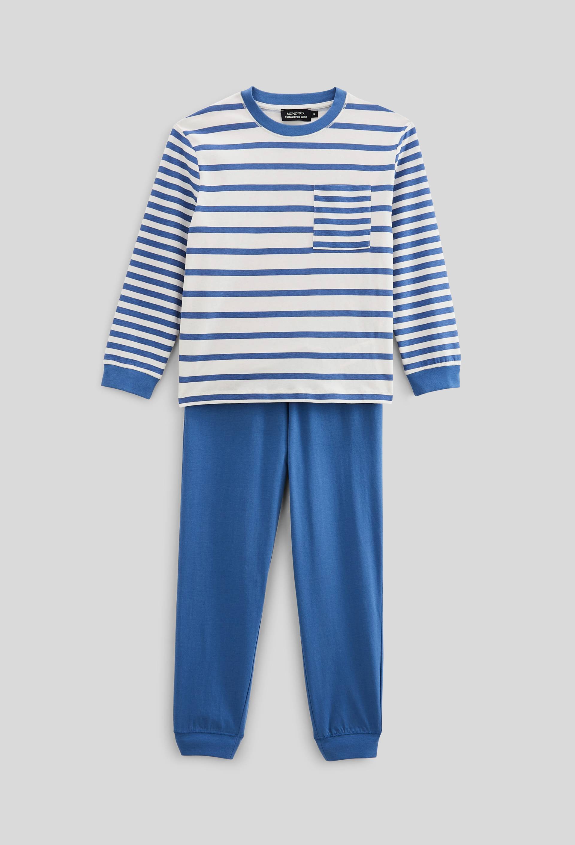 Pyjama manches longues ray&eacute; en jersey coton BIO GOTS, Bleu, large image number 1